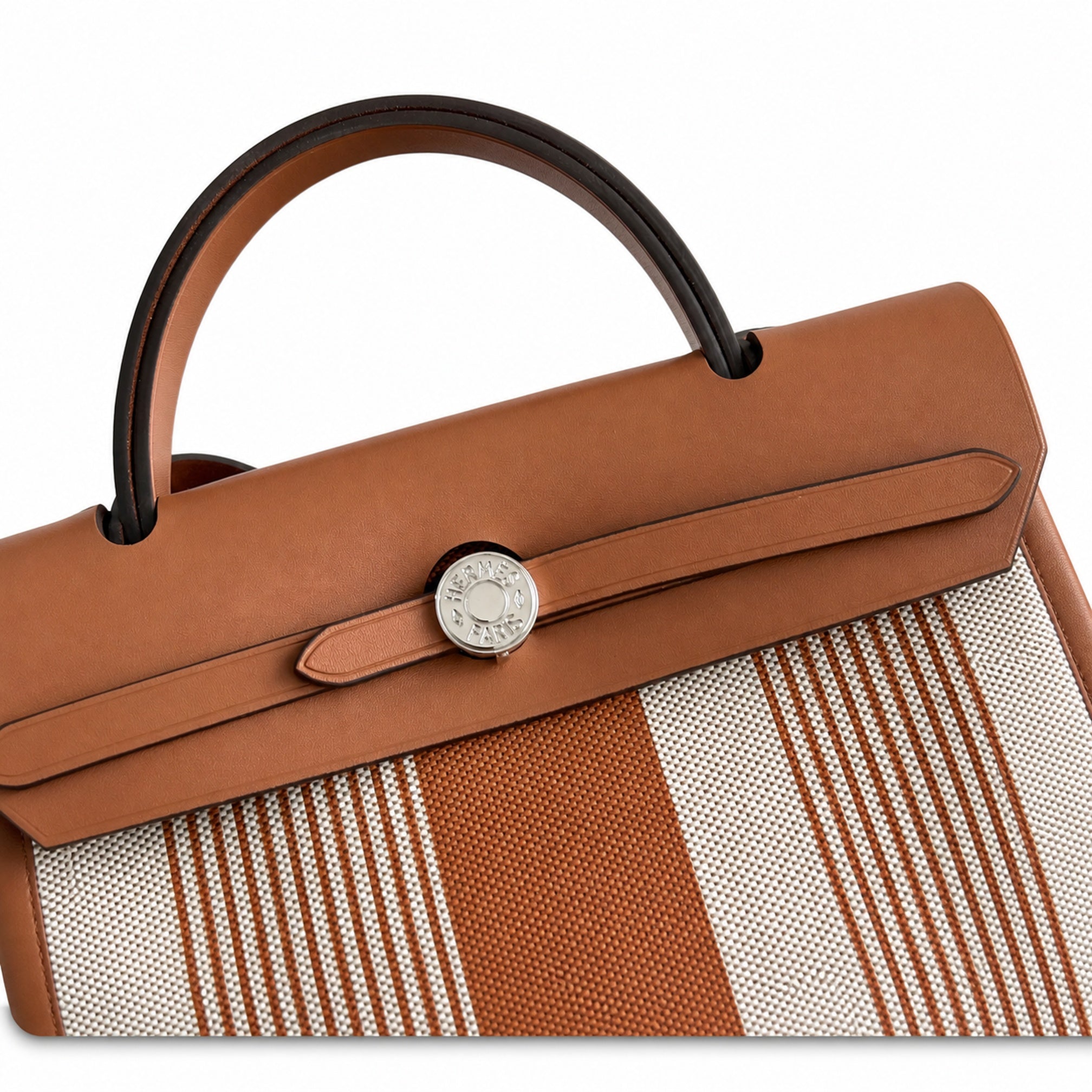 Hermès Herbag Zip 31 Écru Toile H Fauve H Vertical Stripe Print / Fauve Vache Hunter Leather Palladium Hardware
