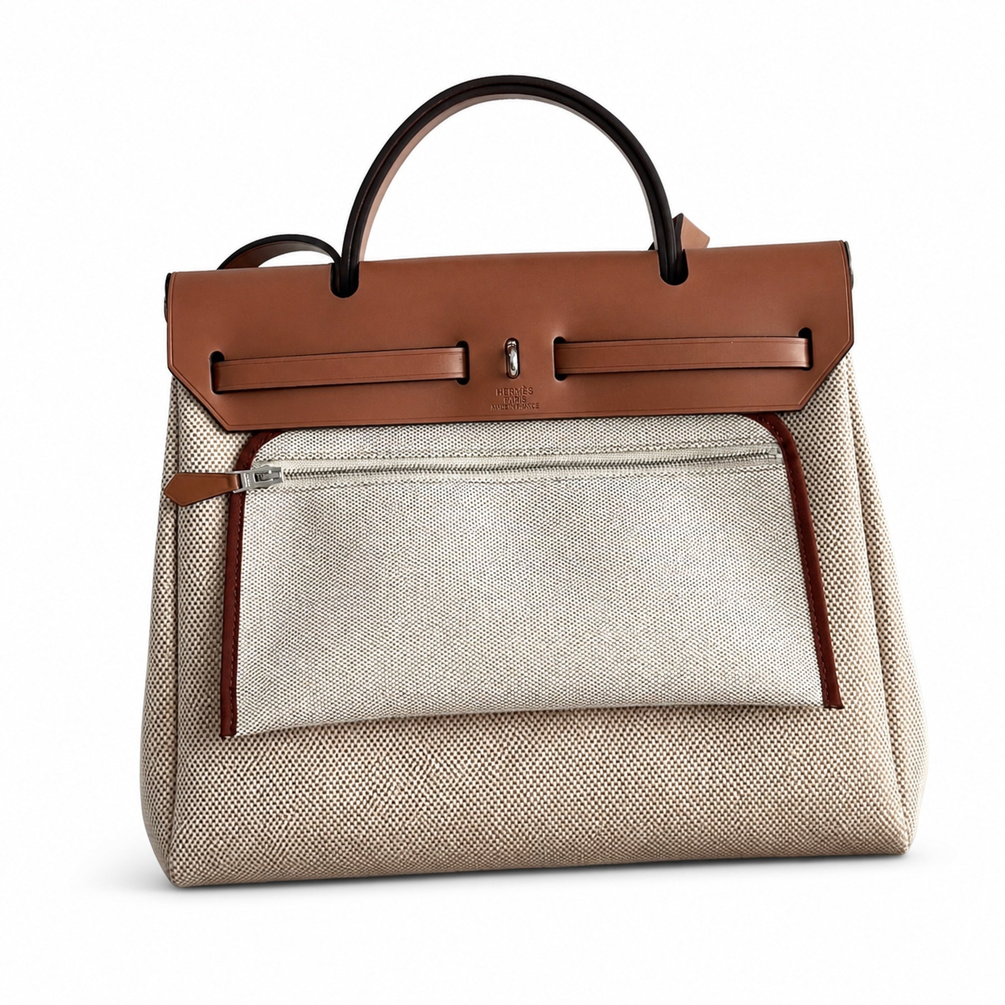 Hermès Herbag Zip 31 Beige Sable Plain Toile H / Fauve Vache Hunter Leather Palladium Hardware