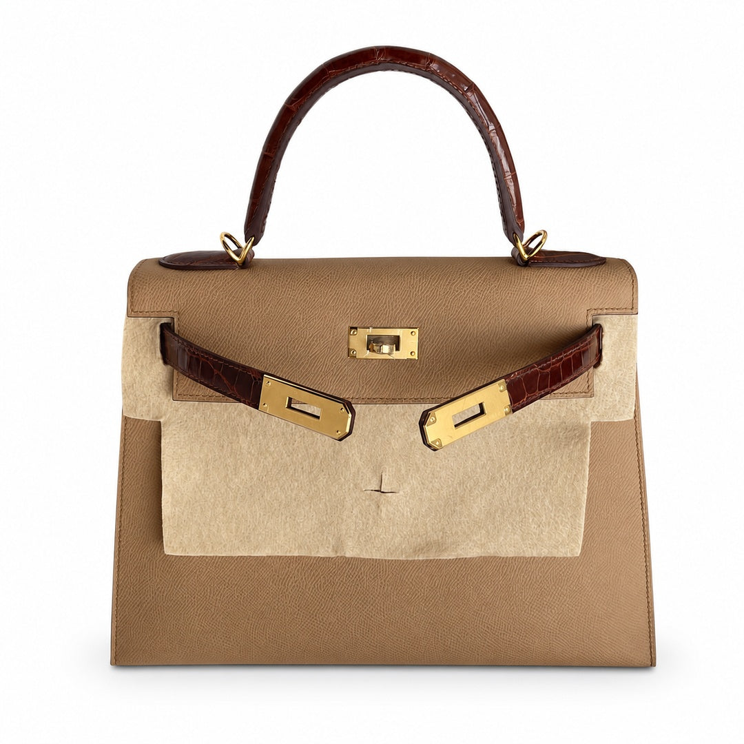 Hermès Kelly Sellier 28cm Epsom Calf Leather & Honey Brown Crocodile Gold Hardware
