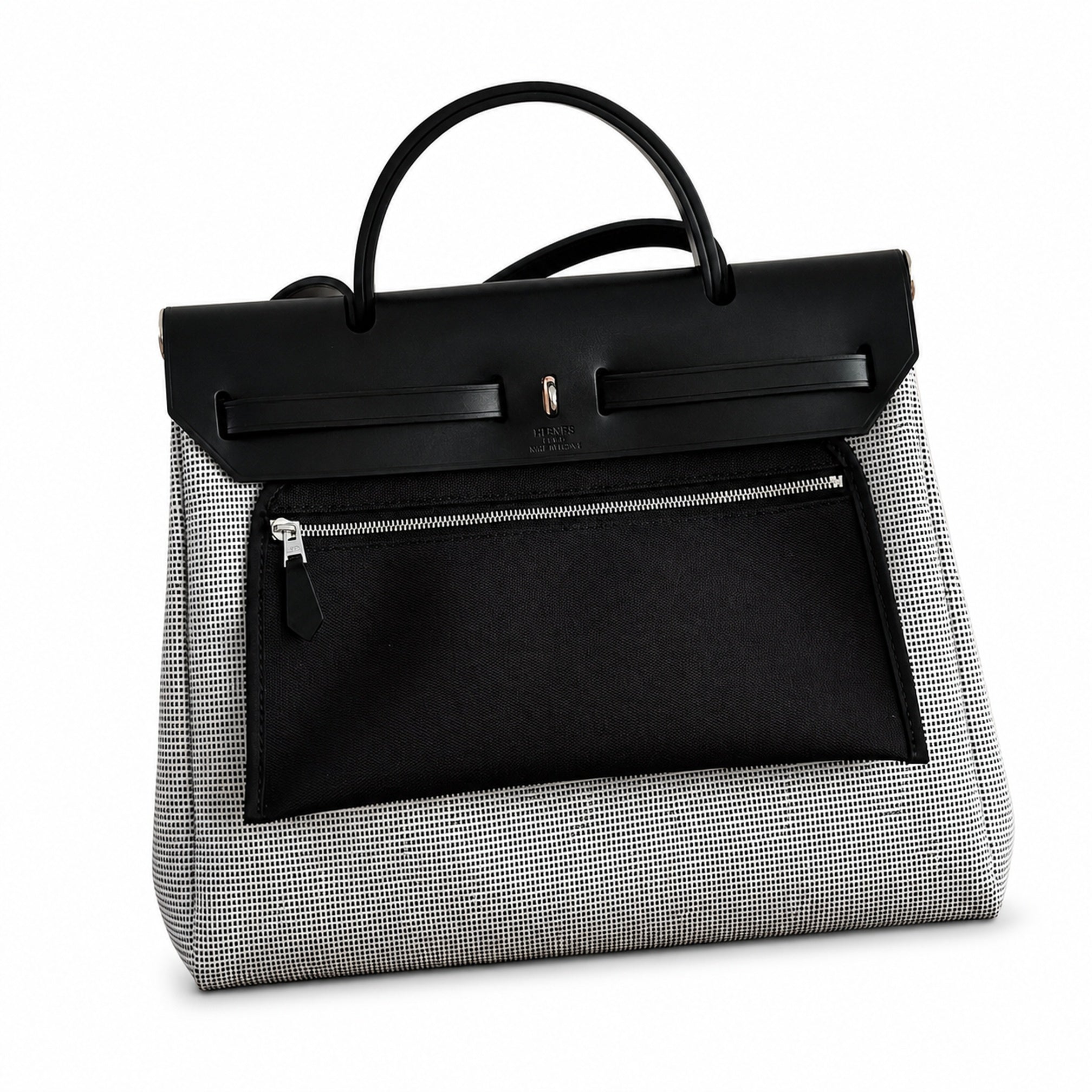Hermès Herbag Zip 31 Écru Mini Grid Toile H / Noir Vache Hunter Leather Palladium Hardware