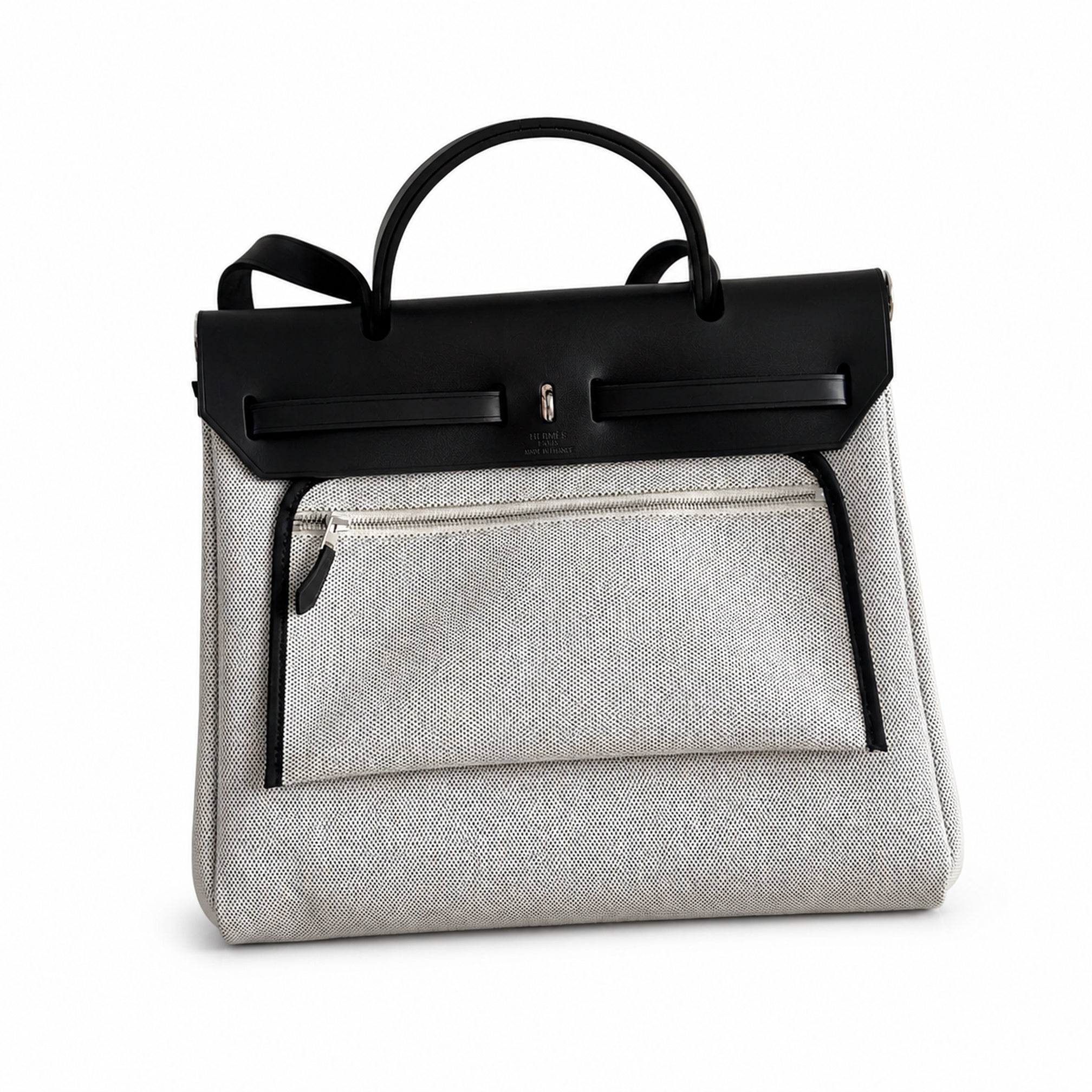 Hermès Herbag Zip 31 Écru Toile H Bleu Marine Chain D'Ancre Print / Noir Vache Hunter Leather Palladium Hardware