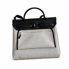 Hermès Herbag Zip 31 Écru Toile H Bleu Marine Chain D'Ancre Print / Noir Vache Hunter Leather Palladium Hardware
