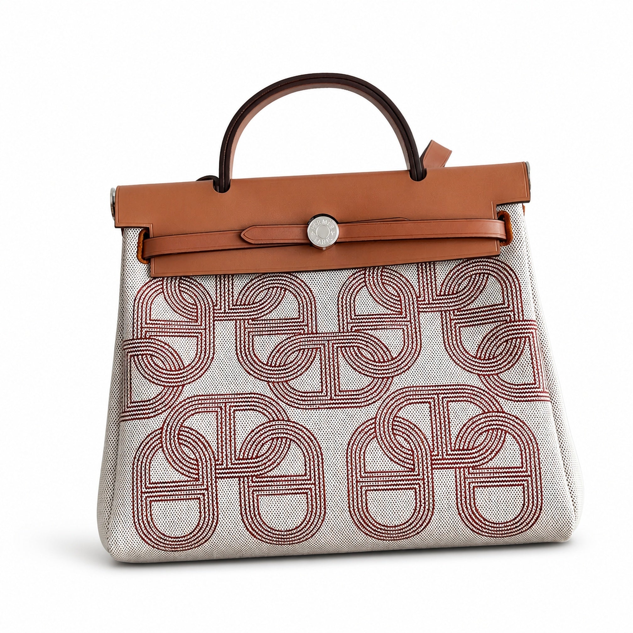 Hermès Herbag Zip 31 Écru Toile H Rouge Chain D'Ancre Print / Fauve Vache Hunter Leather Palladium Hardware