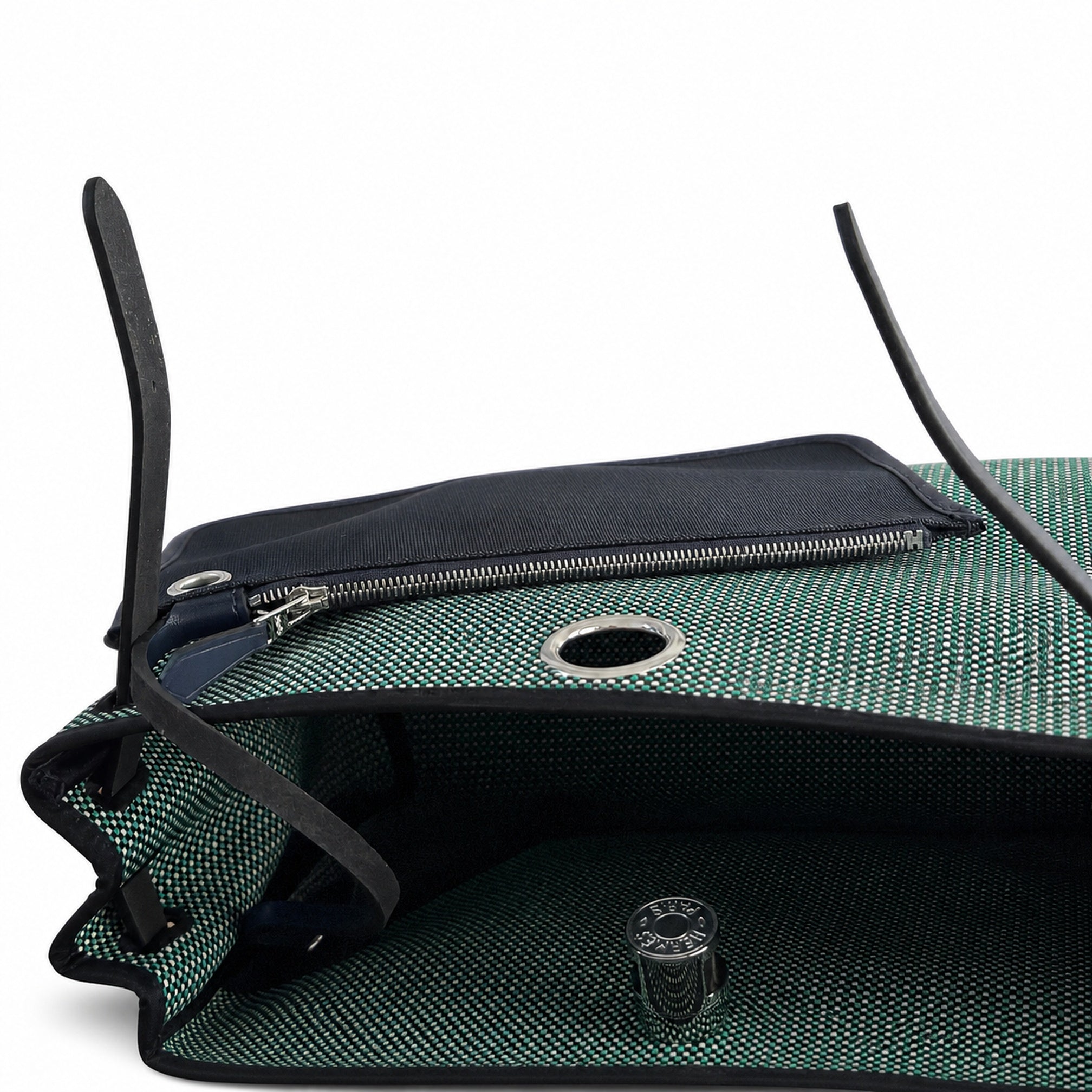 Hermès Herbag Zip 31 Vert Cypress Mini Grid Toile H / Bleu Marine Vache Hunter Leather Palladium Hardware