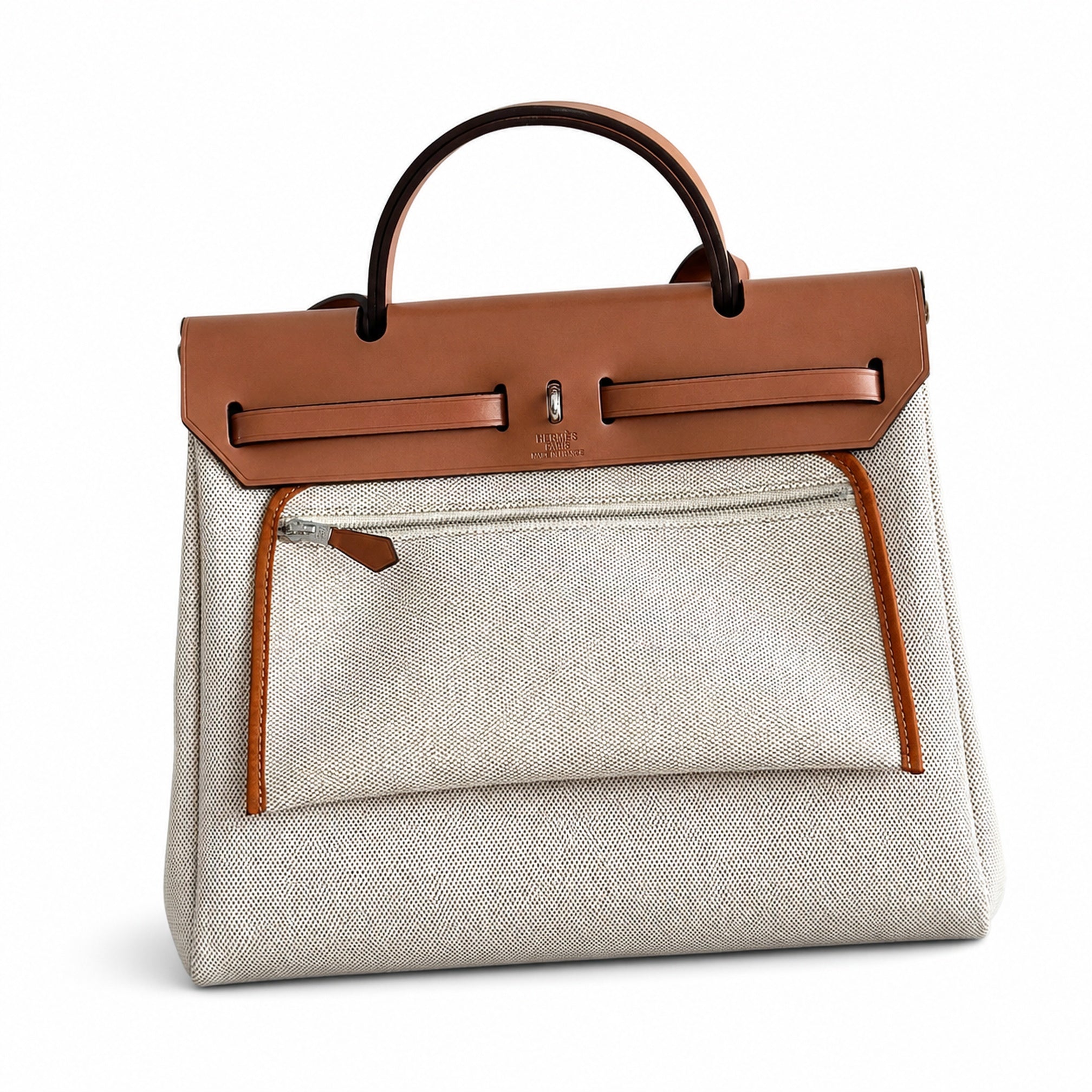 Hermès Herbag Zip 31 Écru Toile H Gris Chain D'Ancre Print / Fauve Vache Hunter Leather Palladium Hardware