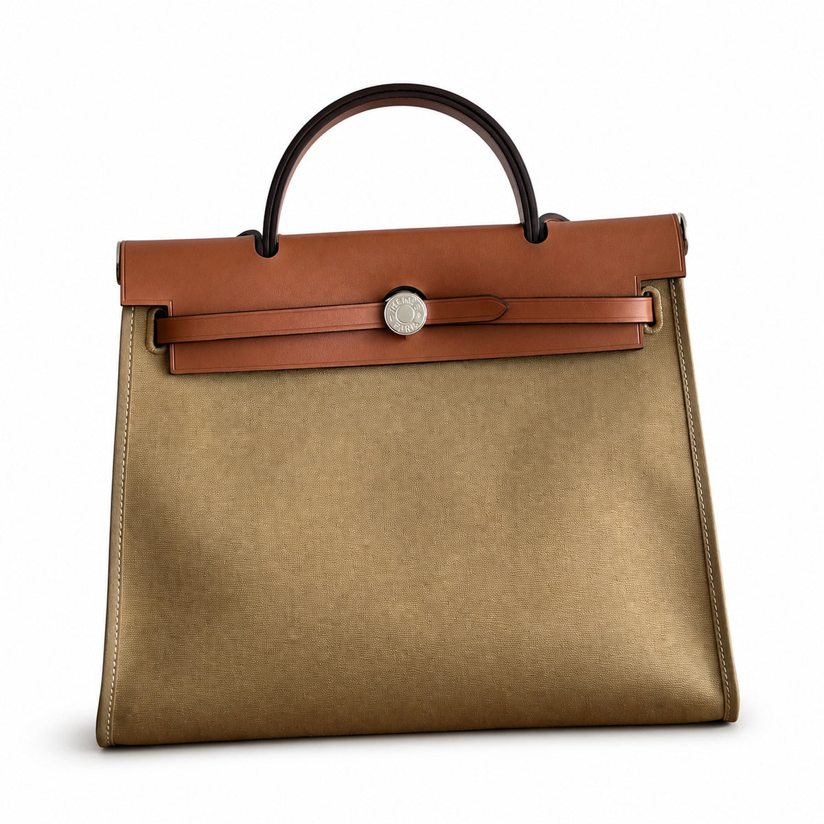 Hermès Herbag 31 Khaki Canvas & Caramel Calf Leather Palladium Hardware