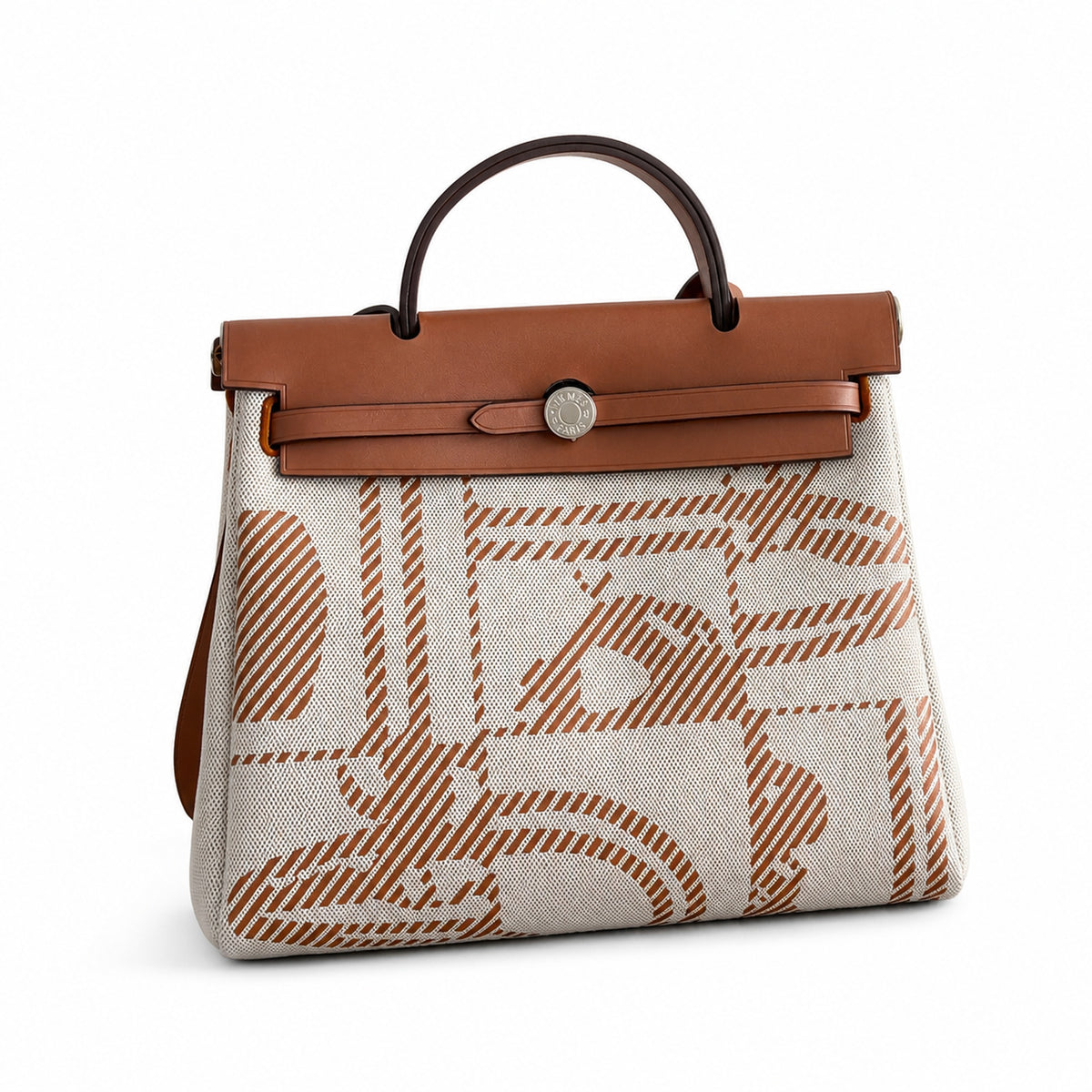 Hermès Herbag Zip 31 Écru Toile H Fauve H Geometric Stripe Print / Fauve Vache Hunter Leather Palladium Hardware