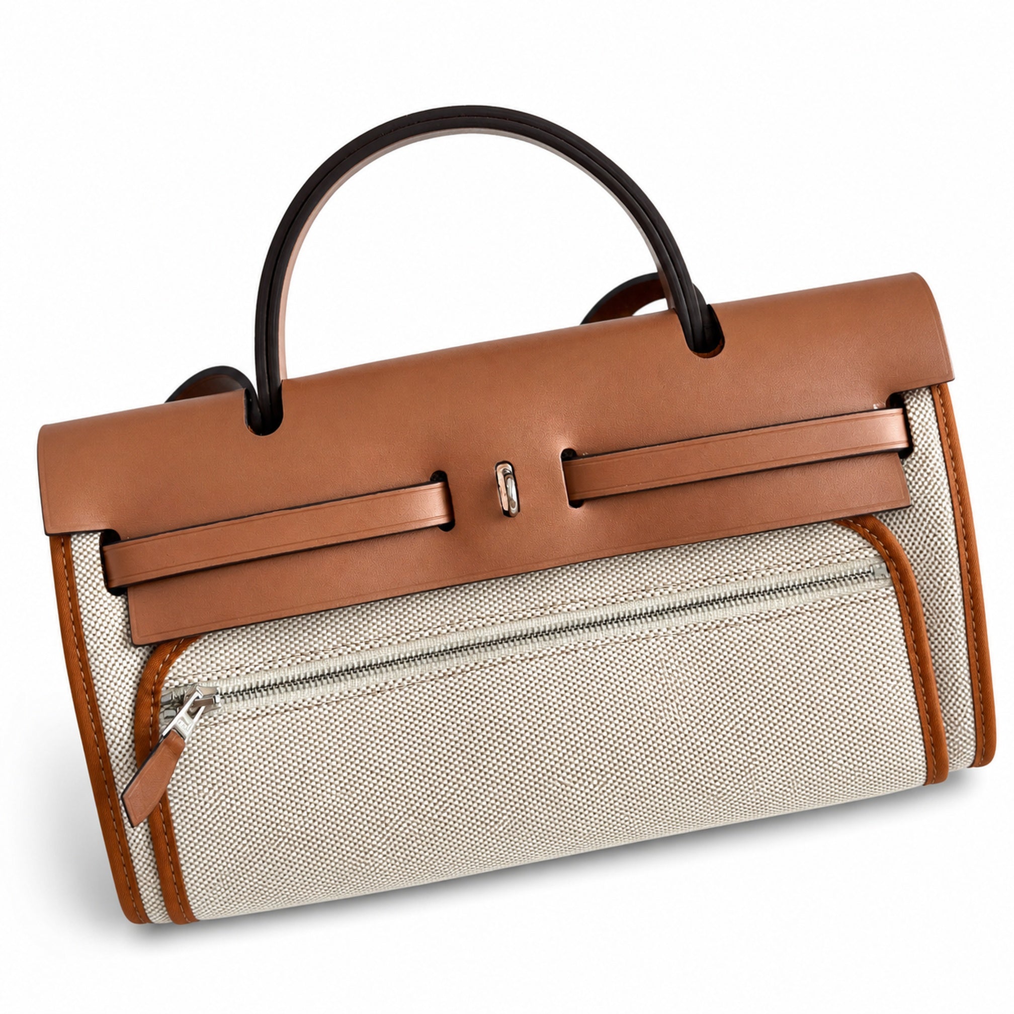 Hermès Herbag Zip 31 Écru Toile H Gold Chain D'Ancre Print / Fauve Vache Hunter Leather Palladium Hardware