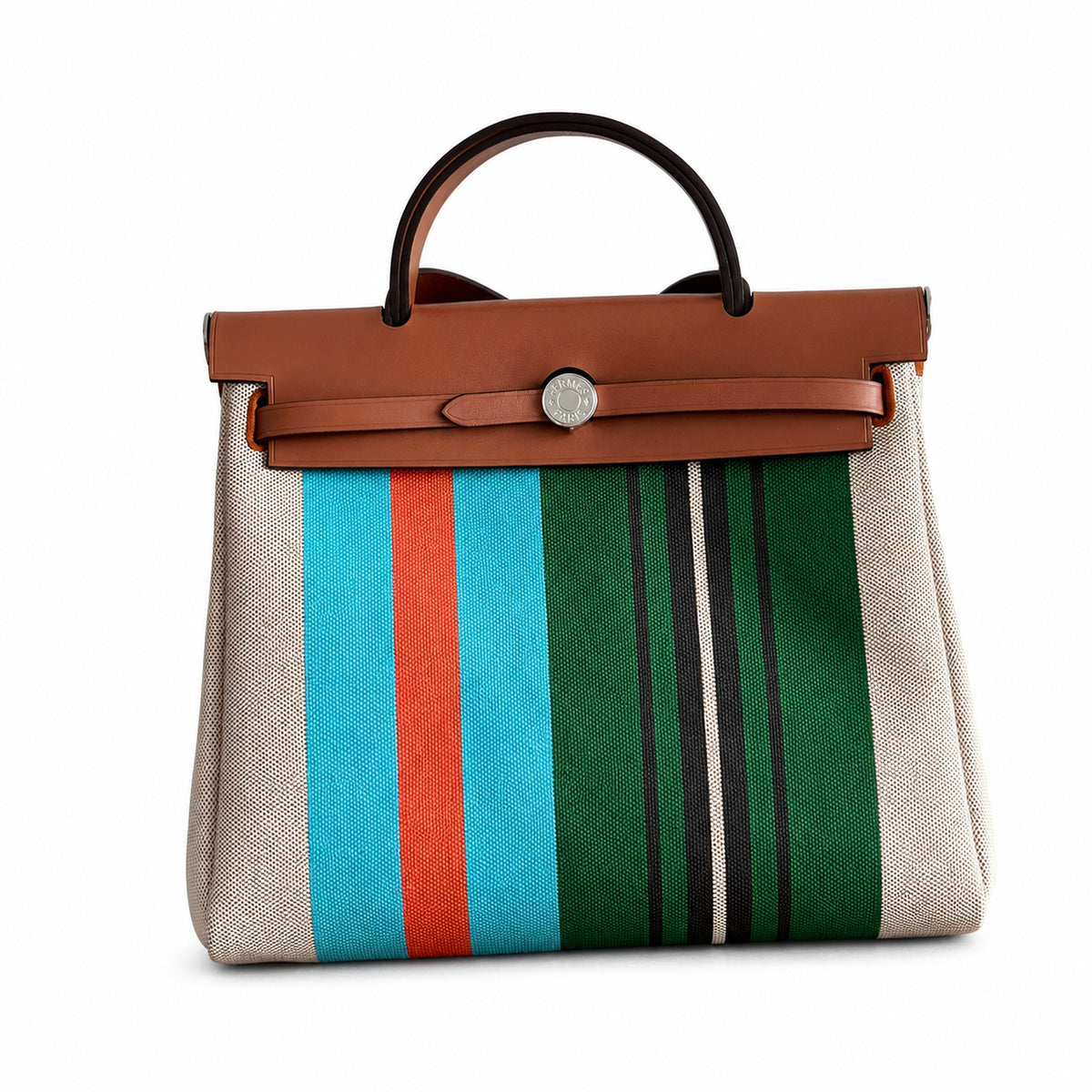 Hermès Herbag Zip 31 Écru Toile H Multicolor Vertical Stripe Print / Fauve Vache Hunter Leather Palladium Hardware