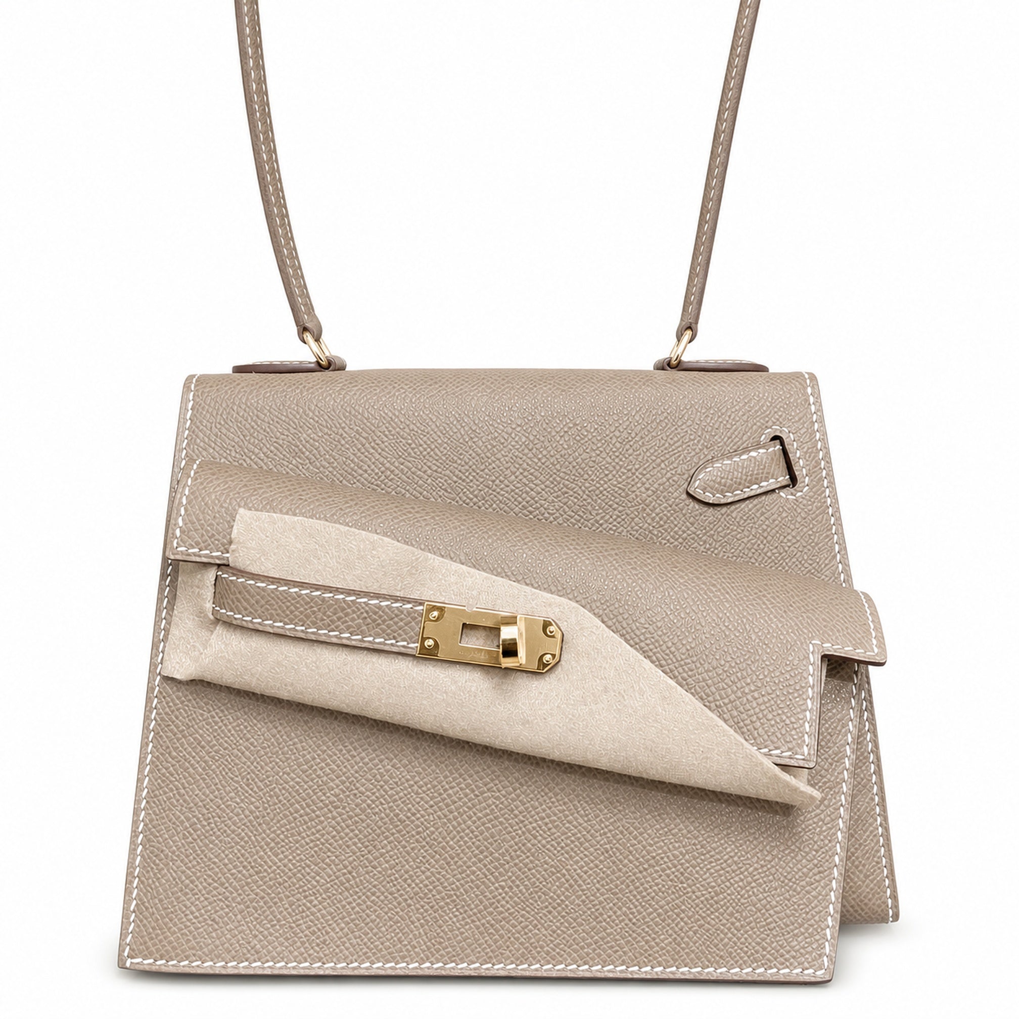 Hermès Kelly Desordre Sellier 20cm Etoupe Epsom Calf Leather Gold Hardware