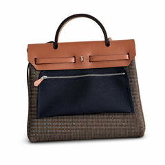 Hermès Herbag Zip 31 Brun Mini Grid Toile H / Fauve Vache Hunter Leather Palladium Hardware