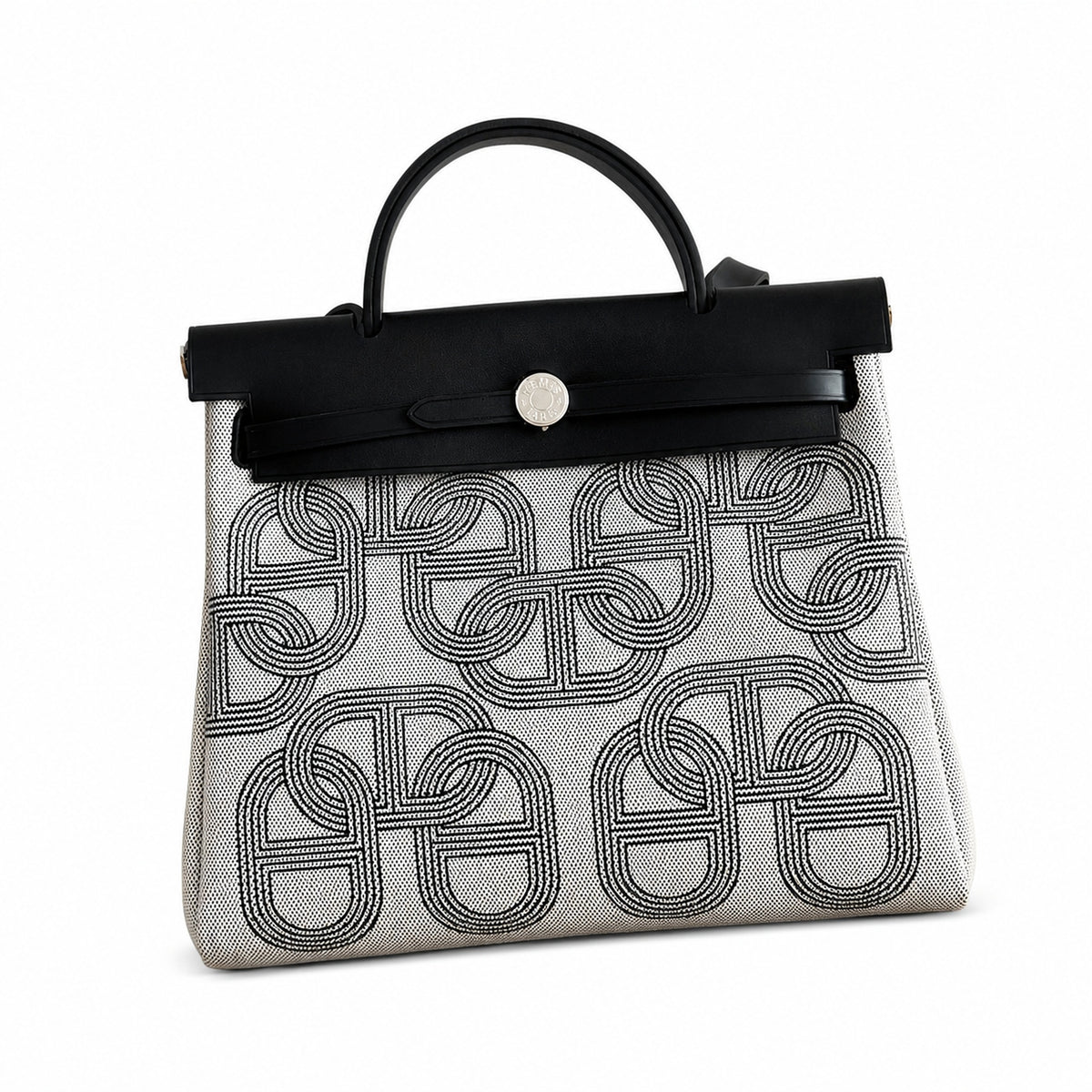 Hermès Herbag Zip 31 Écru Toile H Gris Chain D'Ancre Print / Noir Vache Hunter Leather Palladium Hardware