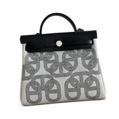 Hermès Herbag Zip 31 Écru Toile H Gris Chain D'Ancre Print / Noir Vache Hunter Leather Palladium Hardware