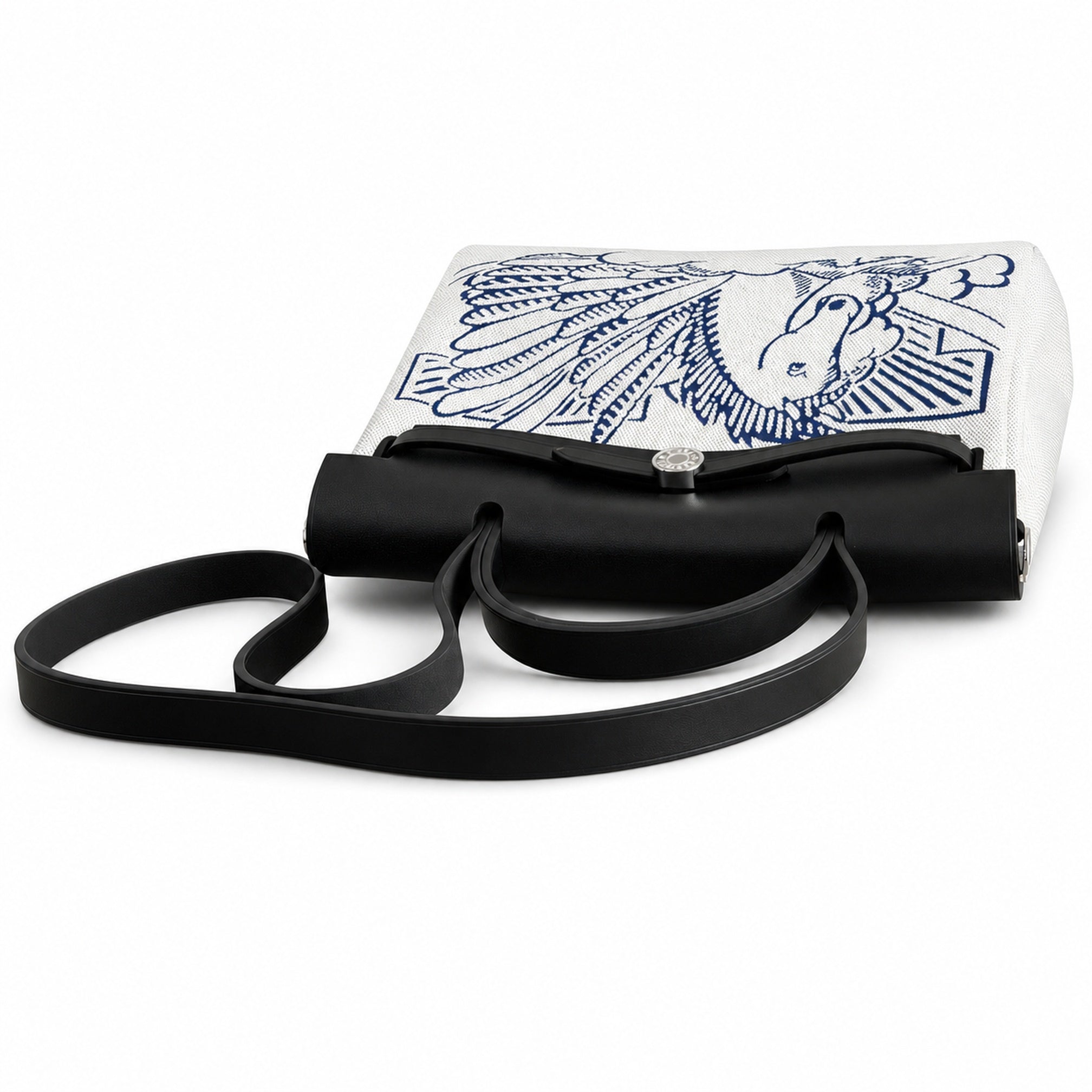 Hermès Herbag Zip 31 Écru Toile H Bleu Marine Pegasus Print / Noir Vache Hunter Leather Palladium Hardware
