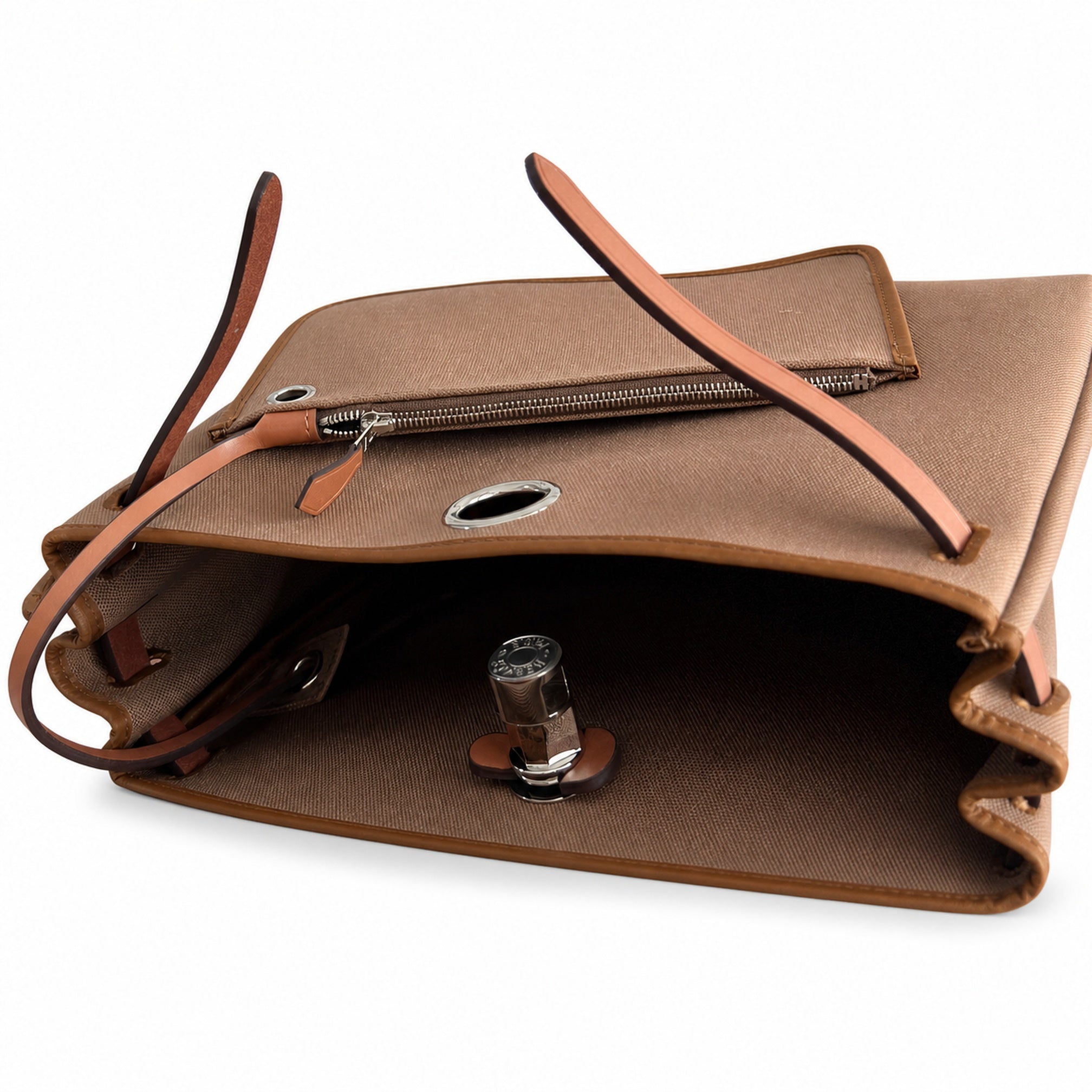 Hermès Herbag Zip 31 Brun Plain Toile H / Fauve Vache Hunter Leather Palladium Hardware