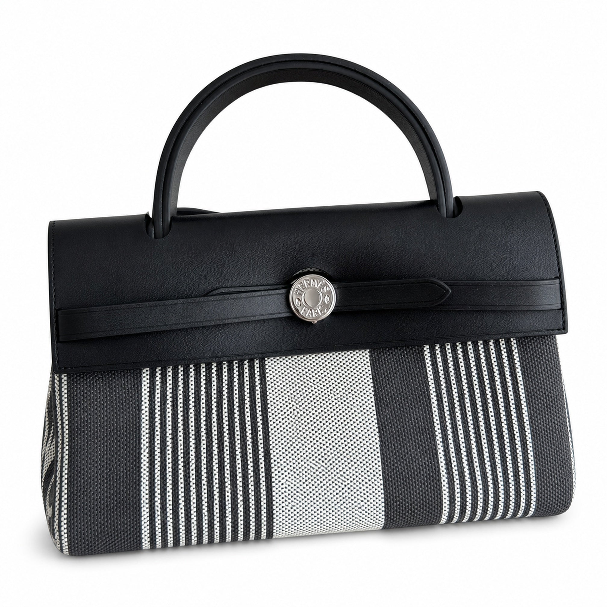 Hermès Herbag Zip 31 Noir & Ecru Striped Toile H / Noir Epsom Calf Leather Palladium Hardware