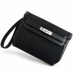 Hermès Kelly Dépêches 25 Noir Toile Militaire / Noir Swift Calf Leather Palladium Hardware