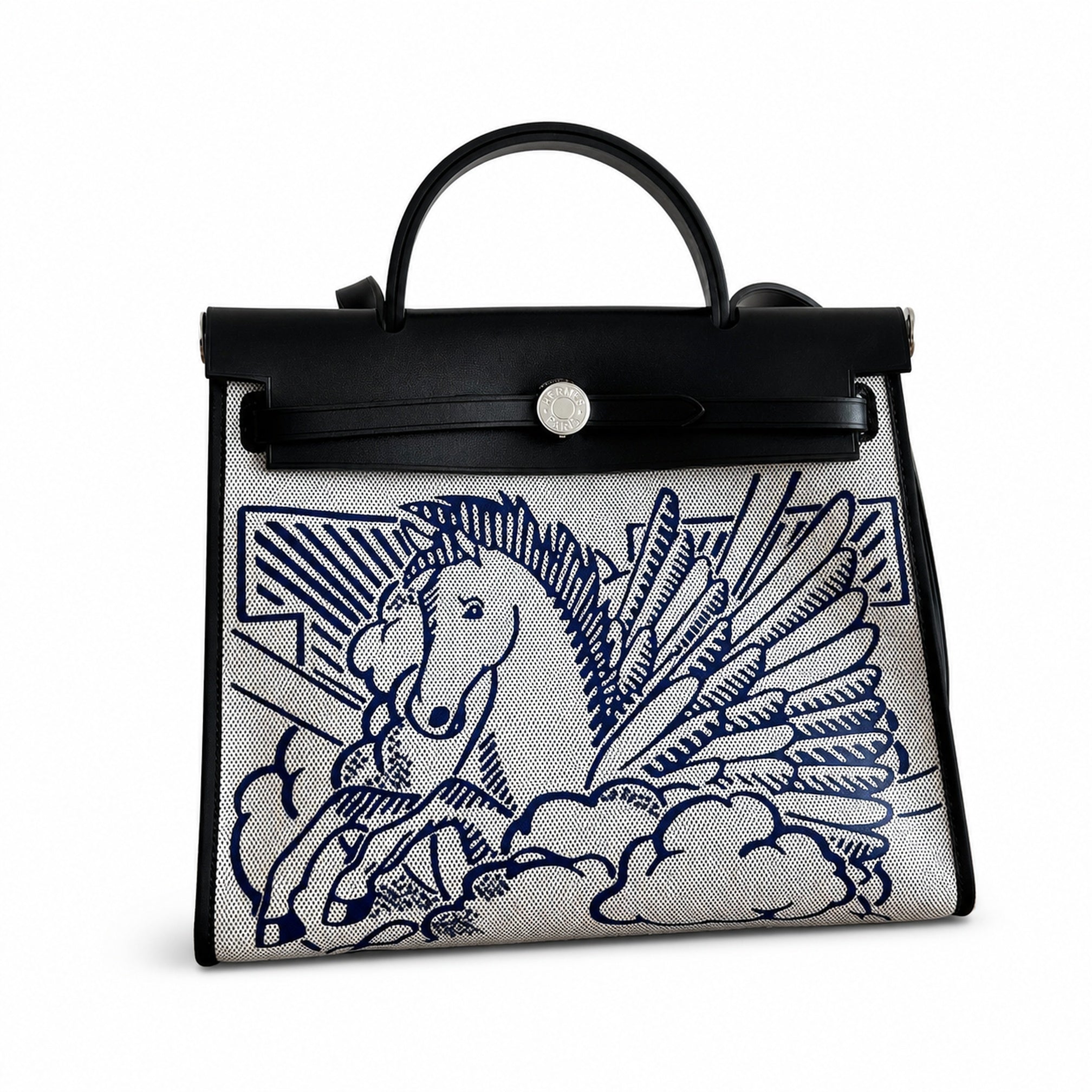 Hermès Herbag Zip 31 Ecru Toile H Blue Pegasus Print / Noir Epsom Calf Leather Palladium Hardware