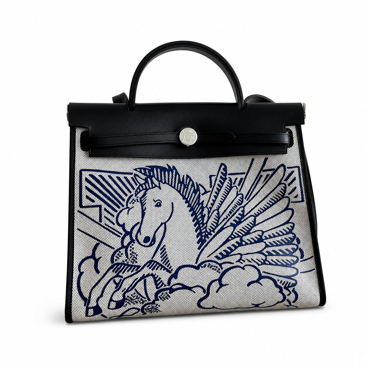 Hermès Herbag Zip 31 Ecru Toile H Blue Pegasus Print / Noir Epsom Calf Leather Palladium Hardware
