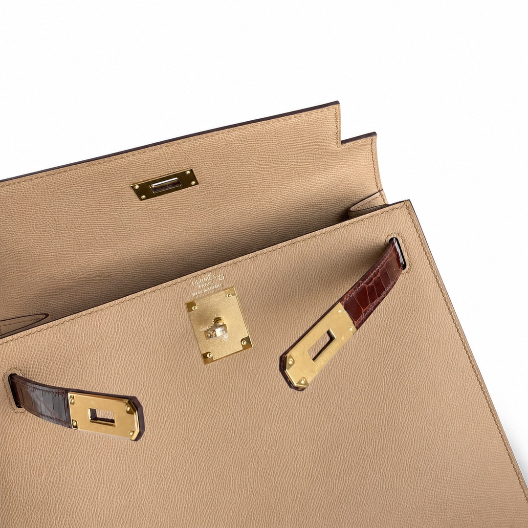 Hermès Kelly Sellier 28cm Epsom Calf Leather & Honey Brown Crocodile Gold Hardware