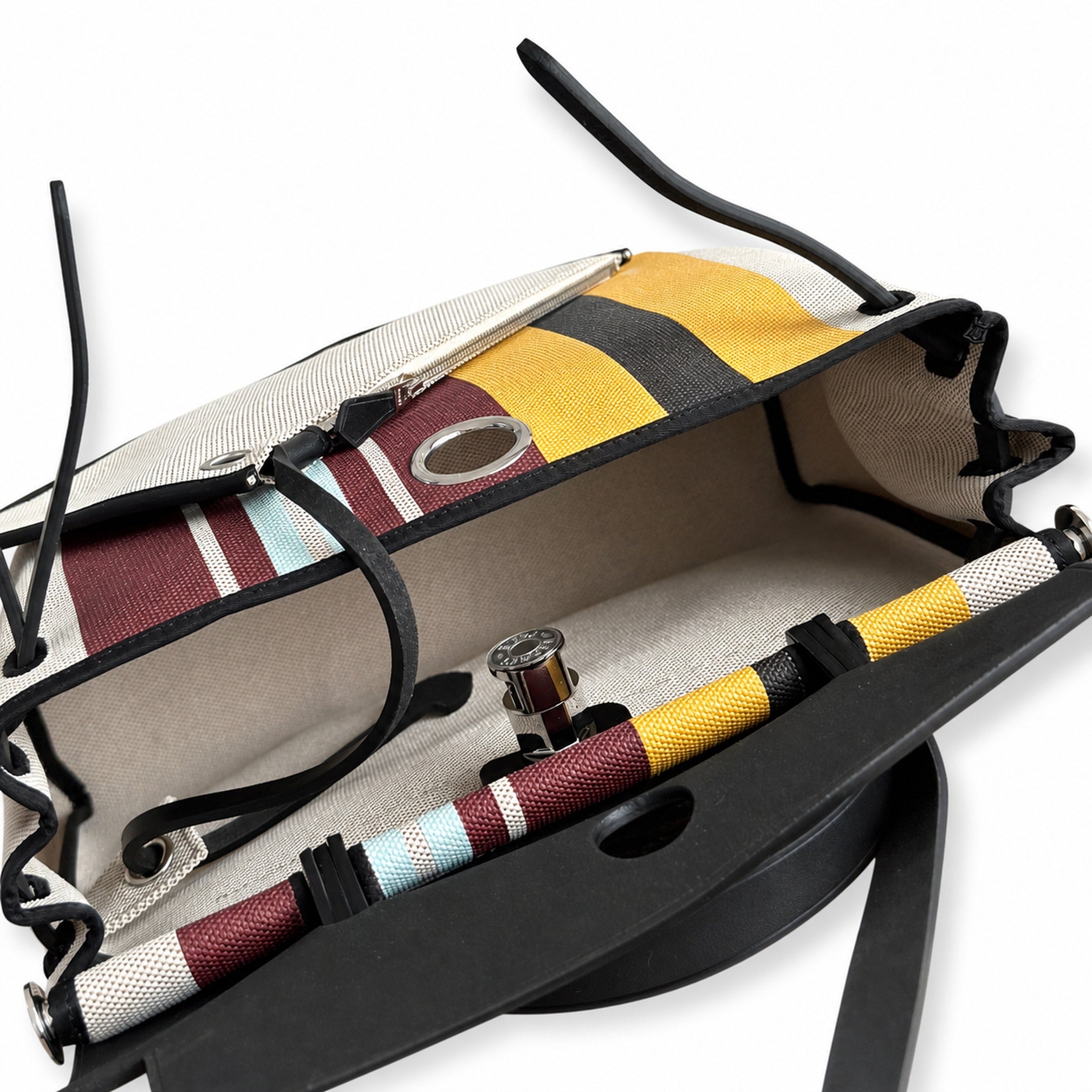 Hermès Herbag Zip 31 Écru Toile H Multicolor Vertical Stripe Print / Noir Vache Hunter Leather Palladium Hardware