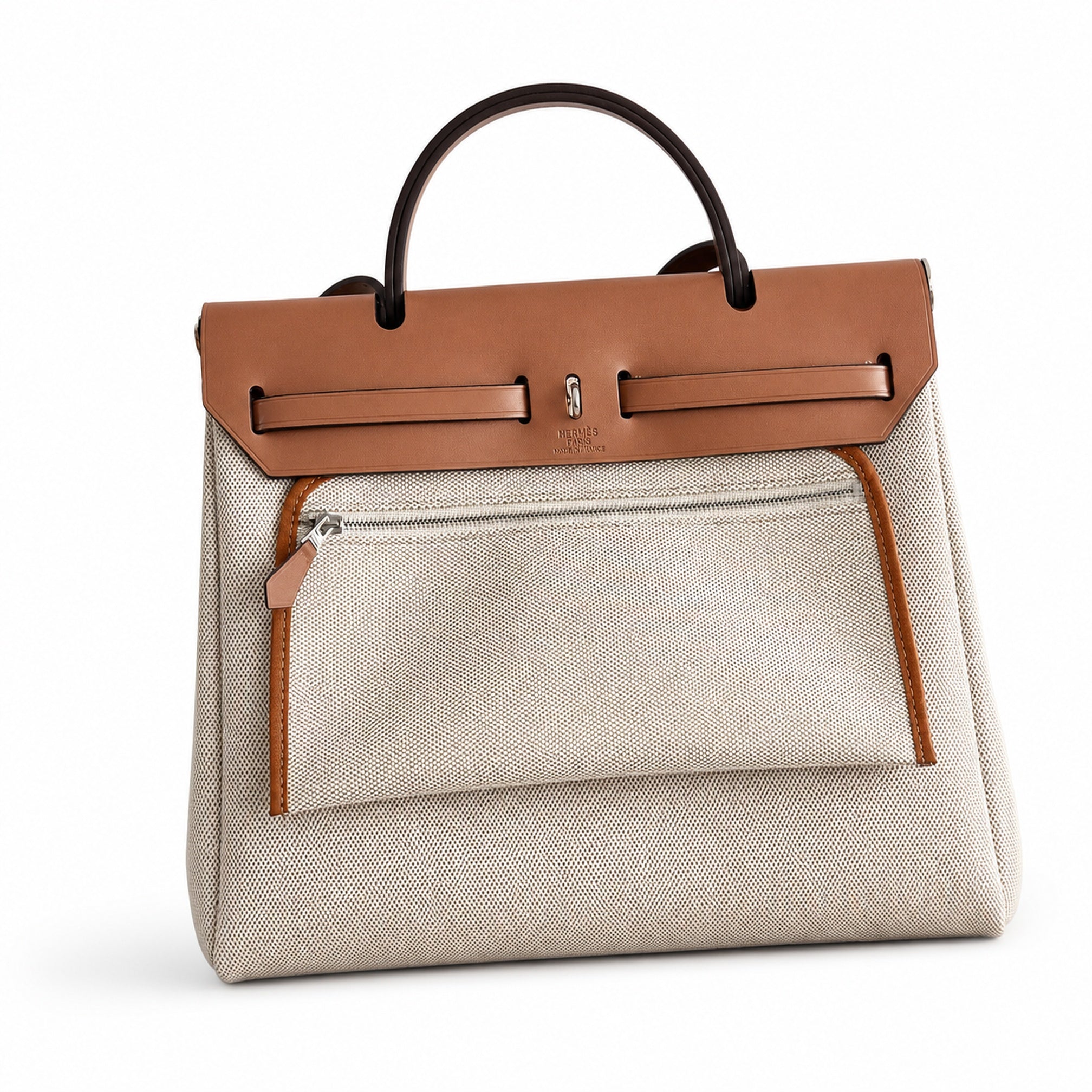 Hermès Herbag Zip 31 Écru Toile H Gold Chain D'Ancre Print / Fauve Vache Hunter Leather Palladium Hardware