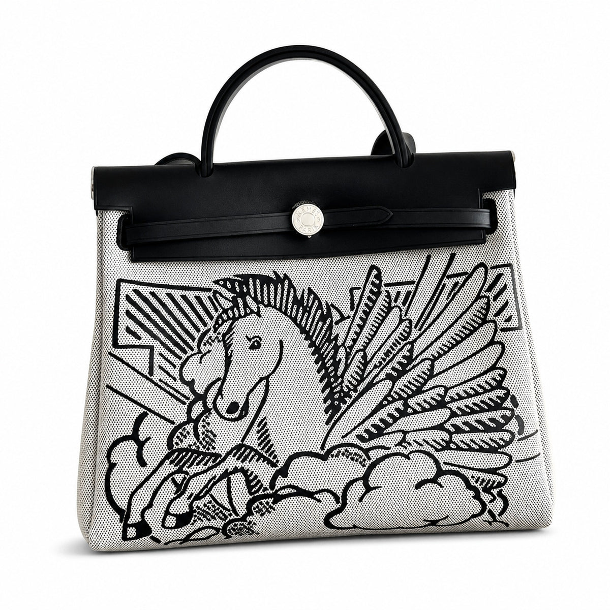 Hermès Herbag Zip 31 Écru Toile H Noir Pegasus Print / Noir Vache Hunter Leather Palladium Hardware