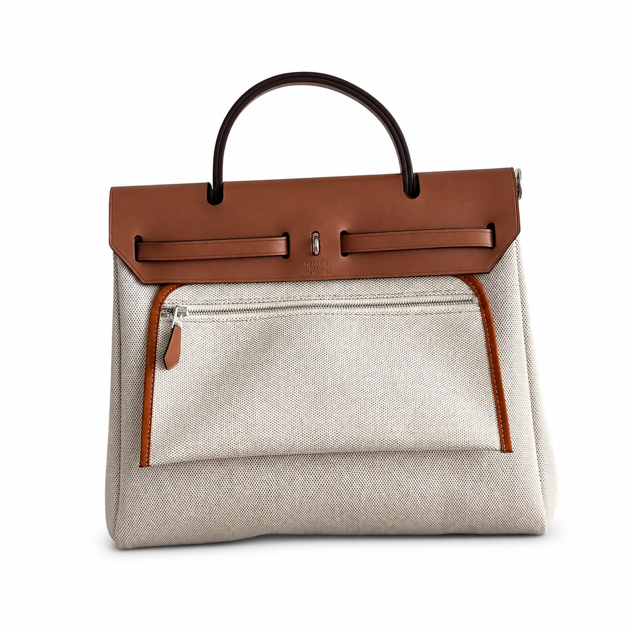 Hermès Herbag Zip 31 Écru Toile H Fauve H Geometric Stripe Print / Fauve Vache Hunter Leather Palladium Hardware