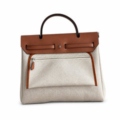 Hermès Herbag Zip 31 Écru Toile H Fauve H Geometric Stripe Print / Fauve Vache Hunter Leather Palladium Hardware