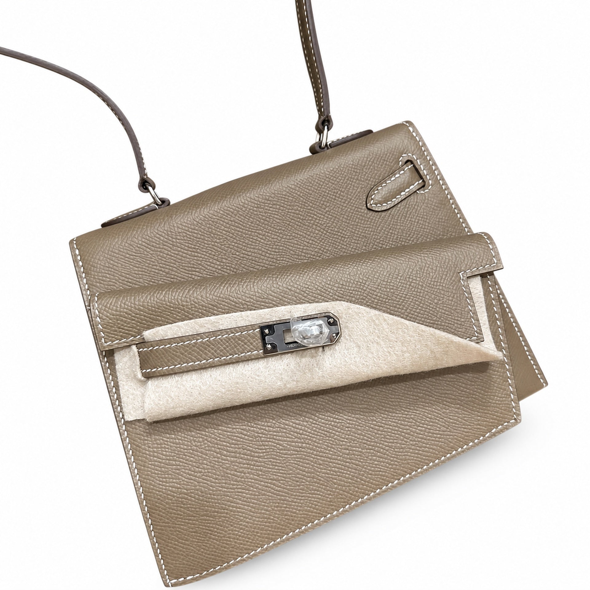 Hermès Kelly Desordre Sellier 20cm Etoupe Epsom Calf Leather Palladium Hardware