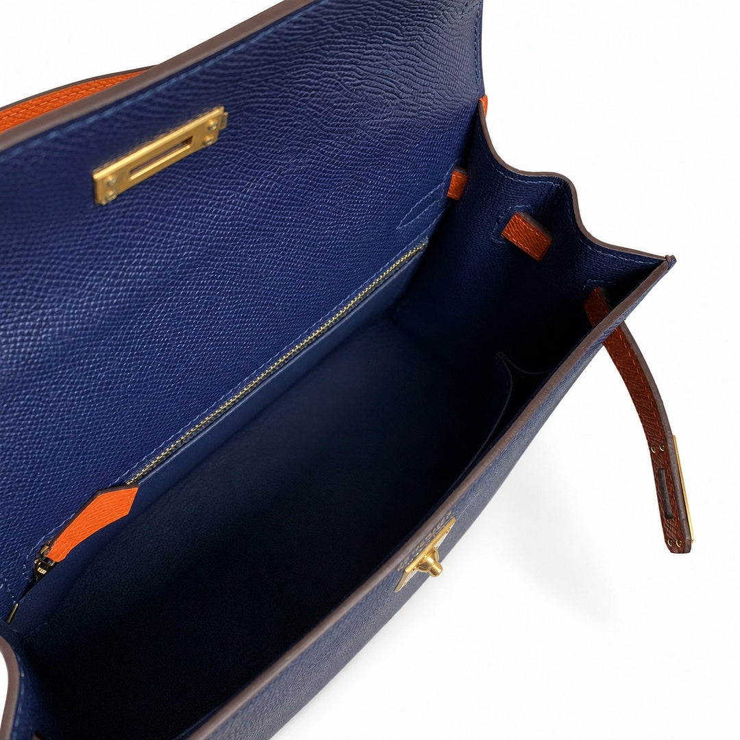 Hermès Kelly Sellier 25cm Sapphire Blue & Orange H Epsom Calf Leather Frosted Gold Hardware