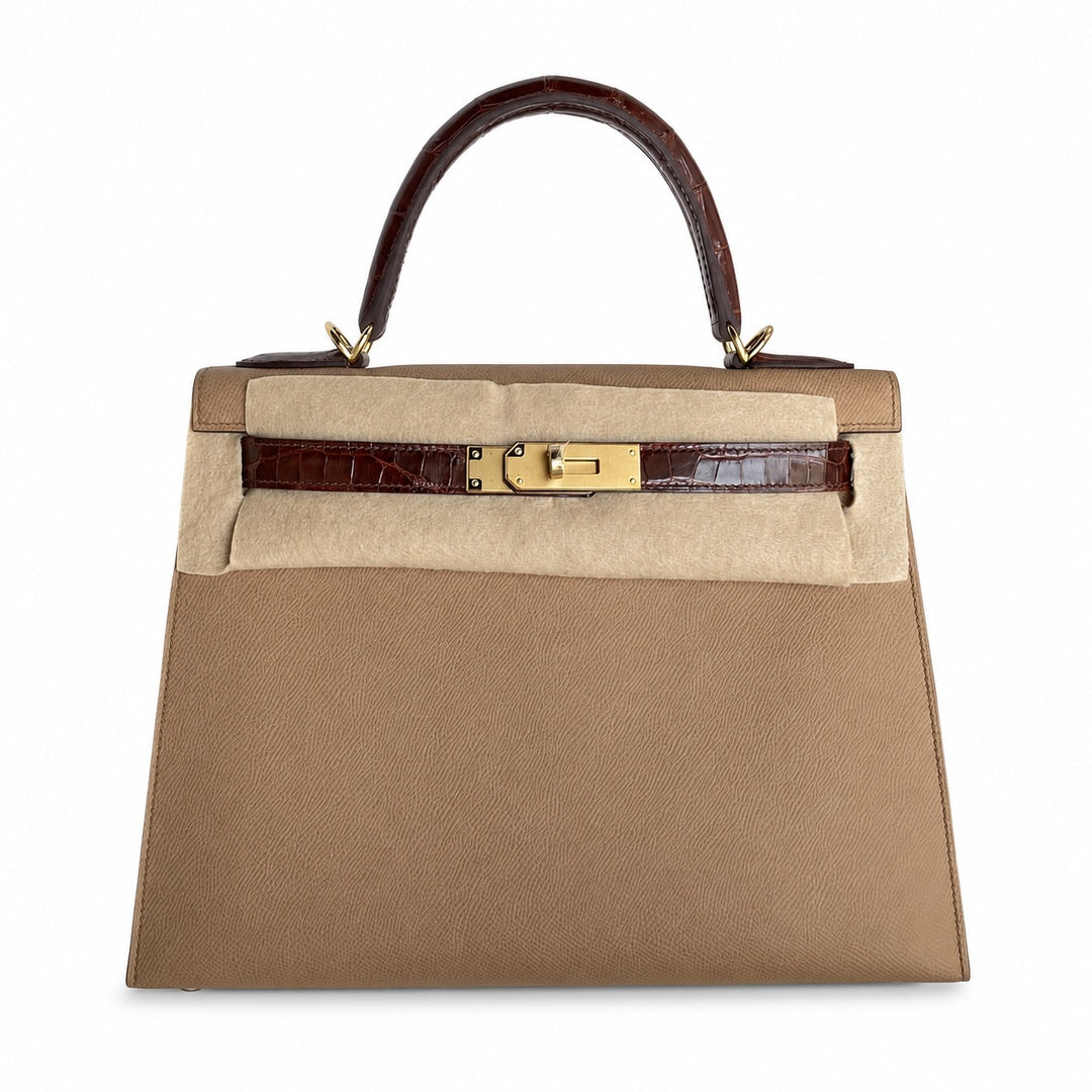 Hermès Kelly Sellier 28cm Epsom Calf Leather & Honey Brown Crocodile Gold Hardware