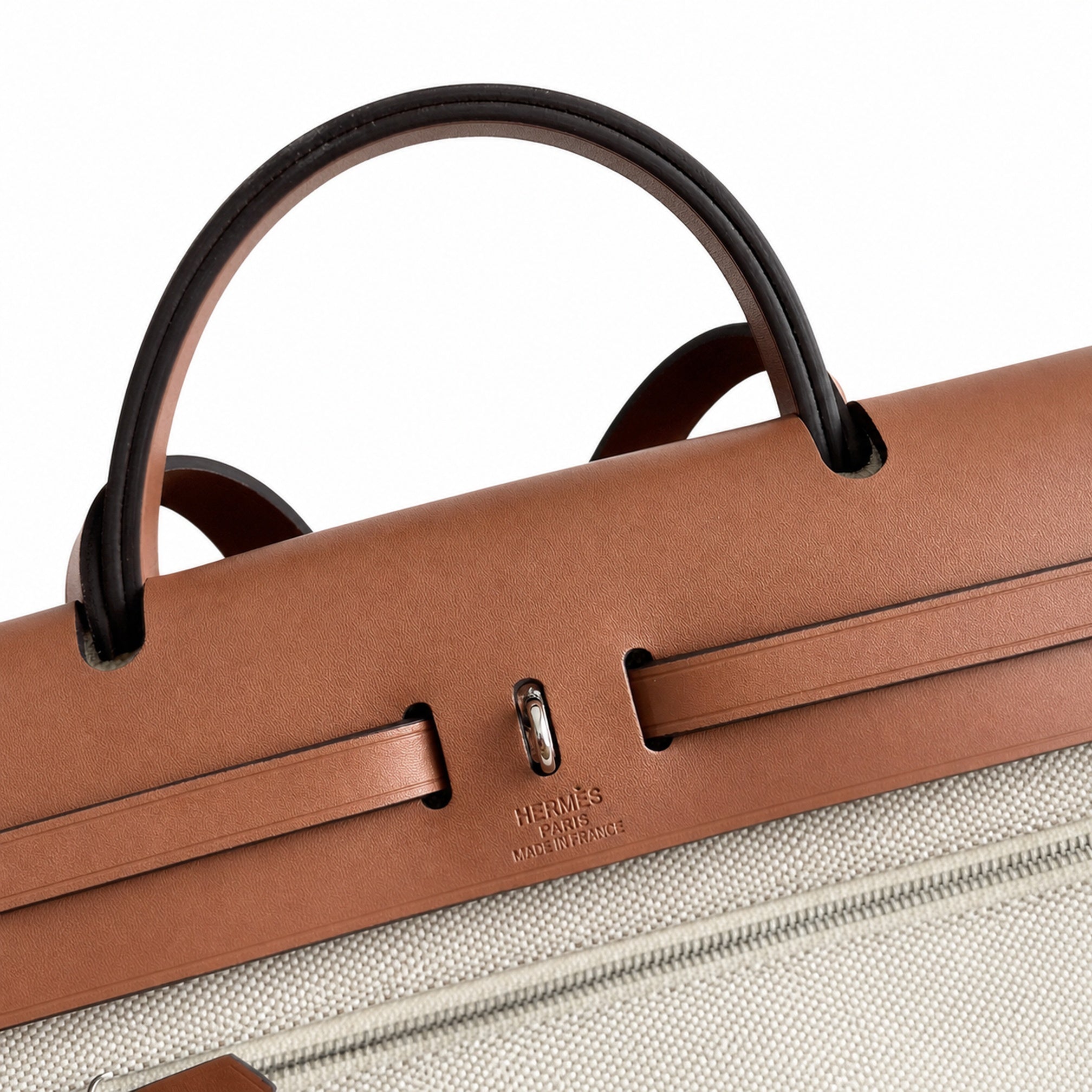 Hermès Herbag Zip 31 Ecru Toile Militaire & Gold Brown Box Calf Leather Palladium Hardware