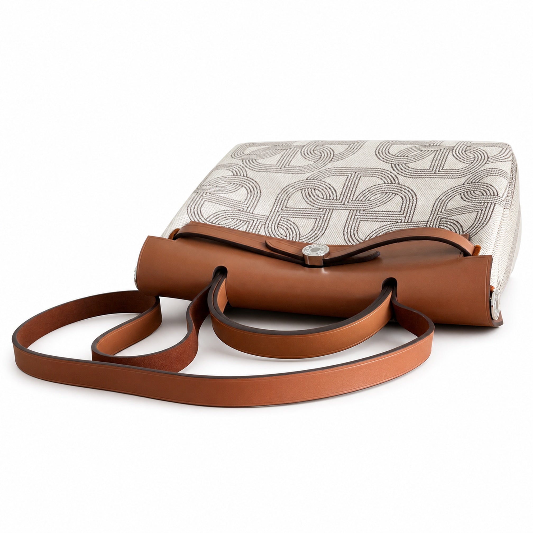 Hermès Herbag Zip 31 Écru Toile H Gris Chain D'Ancre Print / Fauve Vache Hunter Leather Palladium Hardware