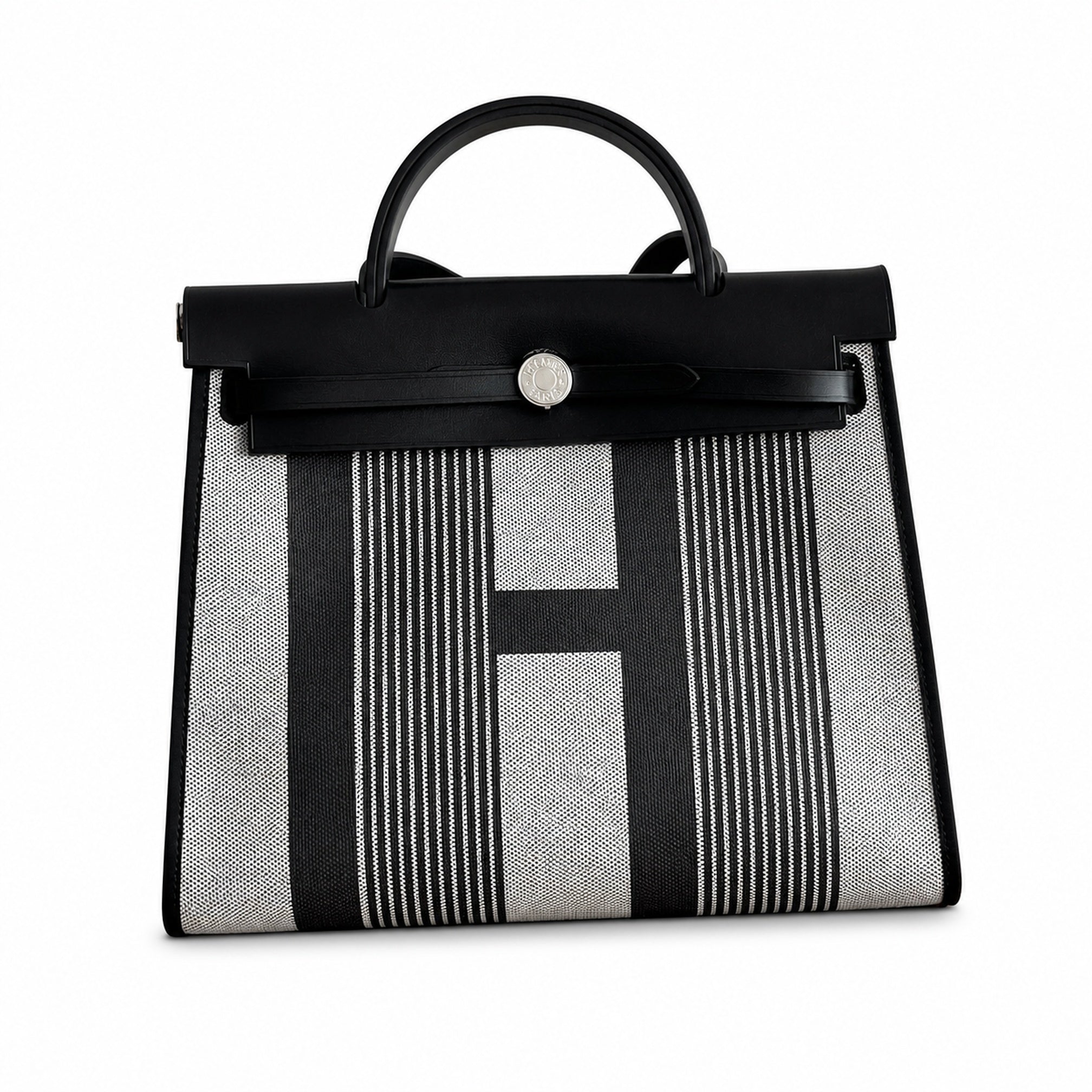 Hermès Herbag Zip 31 Noir & Ecru Striped Toile H / Noir Epsom Calf Leather Palladium Hardware