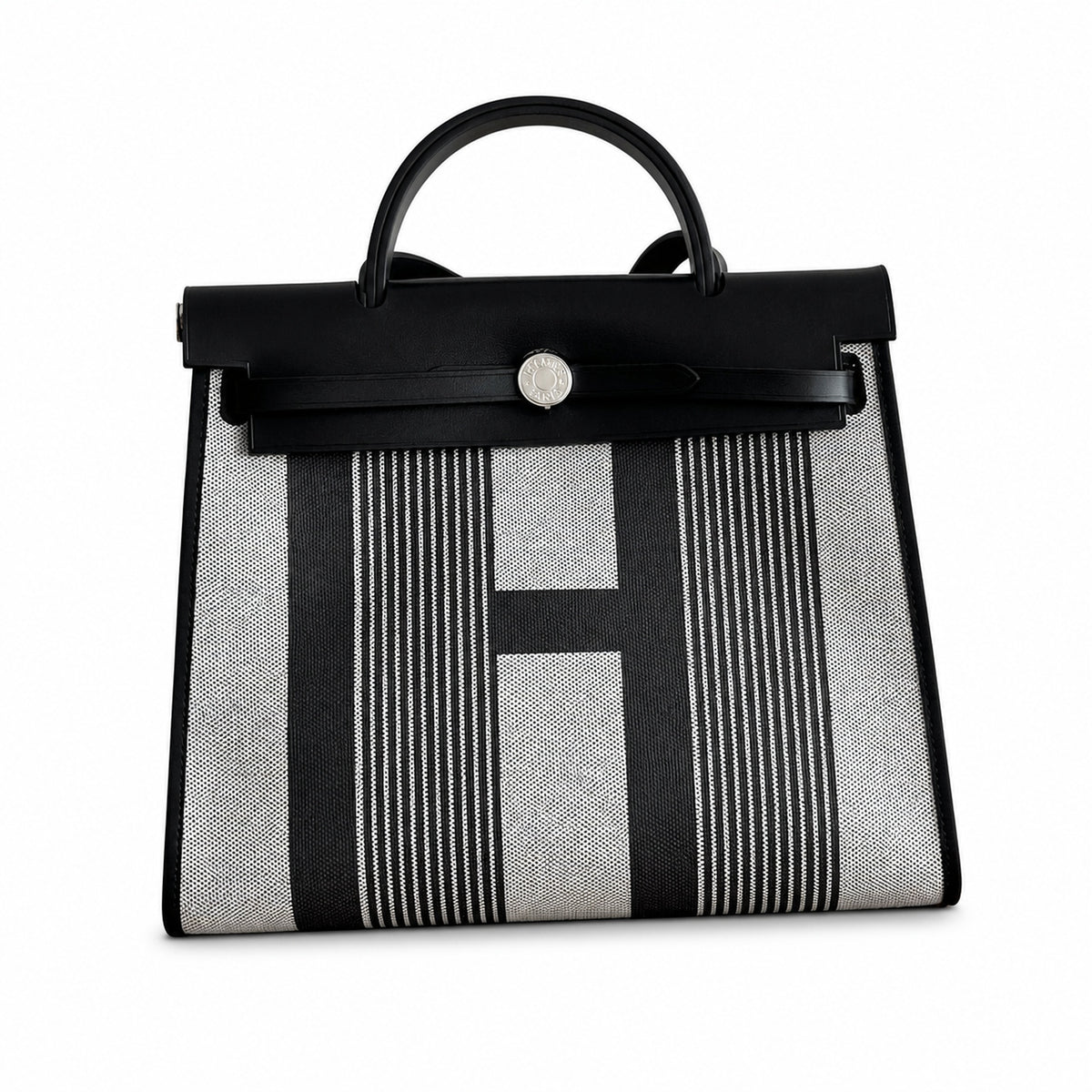 Hermès Herbag Zip 31 Noir & Ecru Striped Toile H / Noir Epsom Calf Leather Palladium Hardware