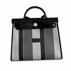 Hermès Herbag Zip 31 Noir & Ecru Striped Toile H / Noir Epsom Calf Leather Palladium Hardware