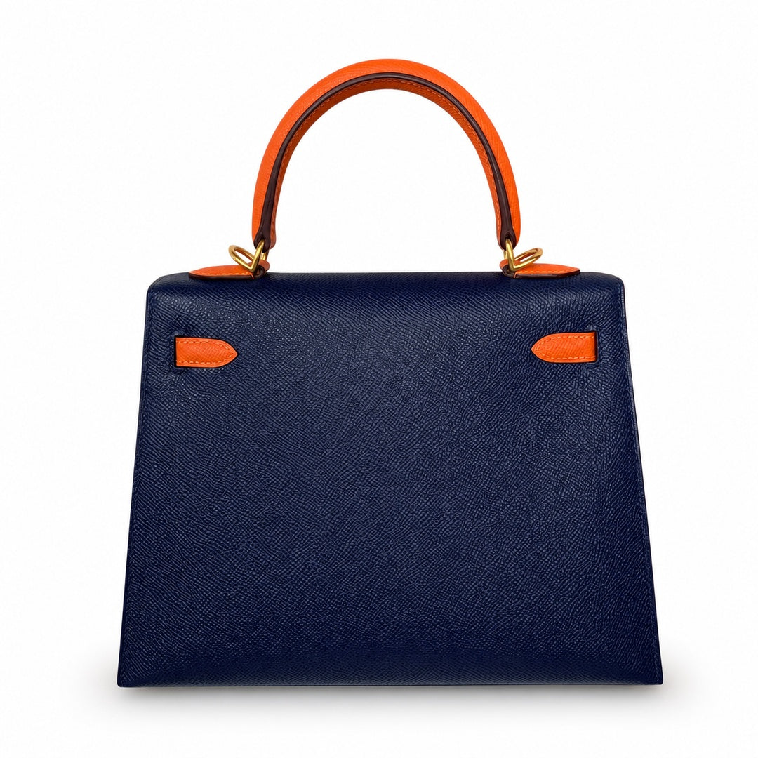 Hermès Kelly Sellier 25cm Sapphire Blue & Orange H Epsom Calf Leather Frosted Gold Hardware
