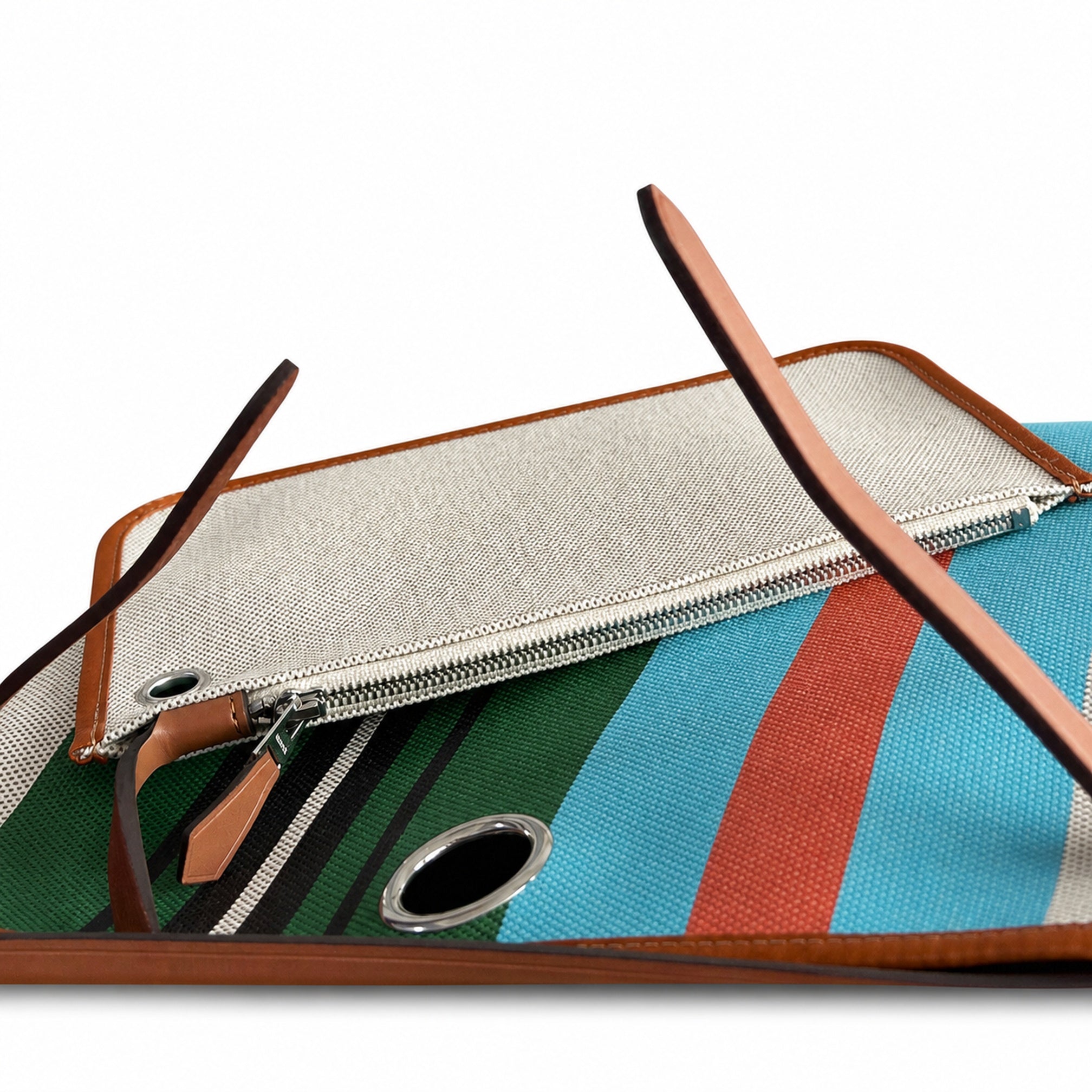 Hermès Herbag Zip 31 Écru Toile H Multicolor Vertical Stripe Print / Fauve Vache Hunter Leather Palladium Hardware