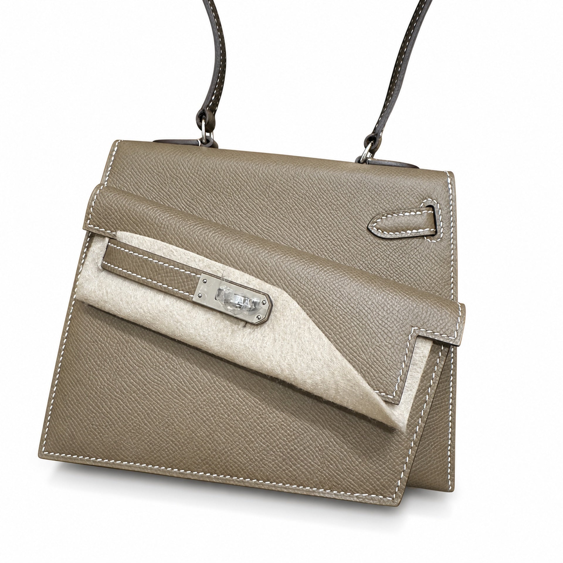 Hermès Kelly Desordre Sellier 20cm Etoupe Epsom Calf Leather Palladium Hardware