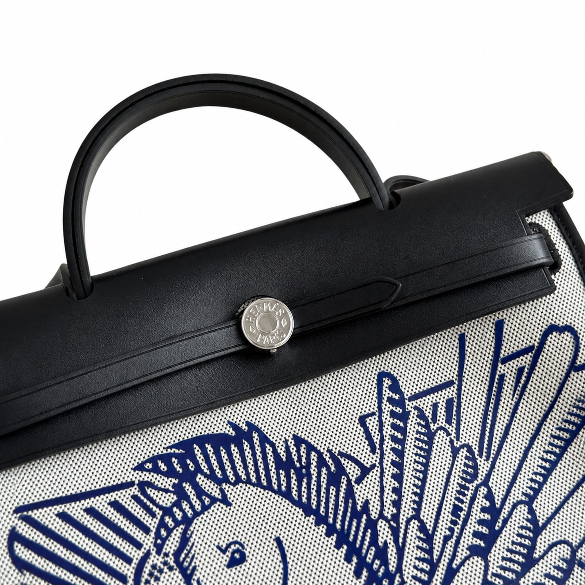 Hermès Herbag Zip 31 Ecru Toile H Blue Pegasus Print / Noir Epsom Calf Leather Palladium Hardware