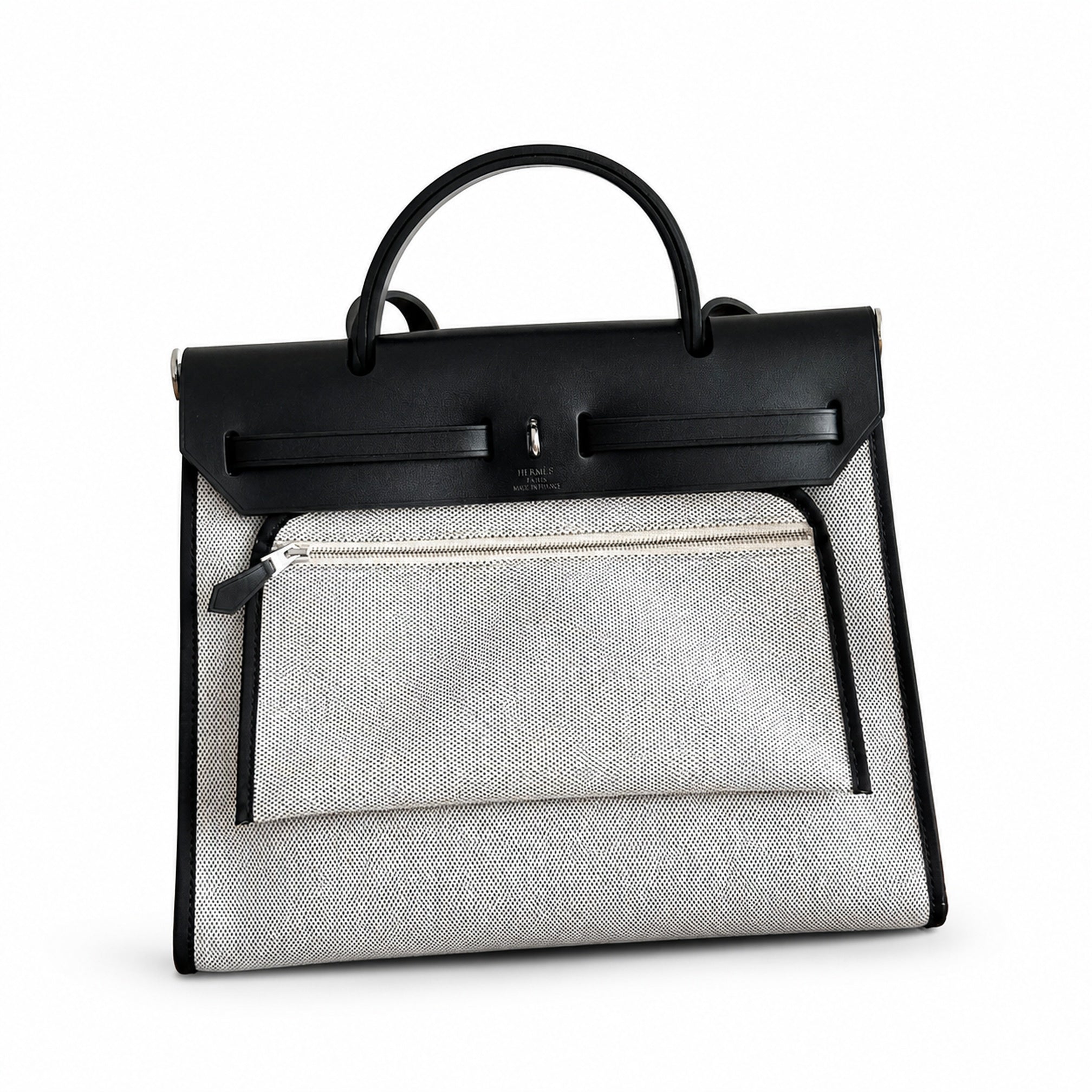Hermès Herbag Zip 31 Ecru Toile H Blue Pegasus Print / Noir Epsom Calf Leather Palladium Hardware