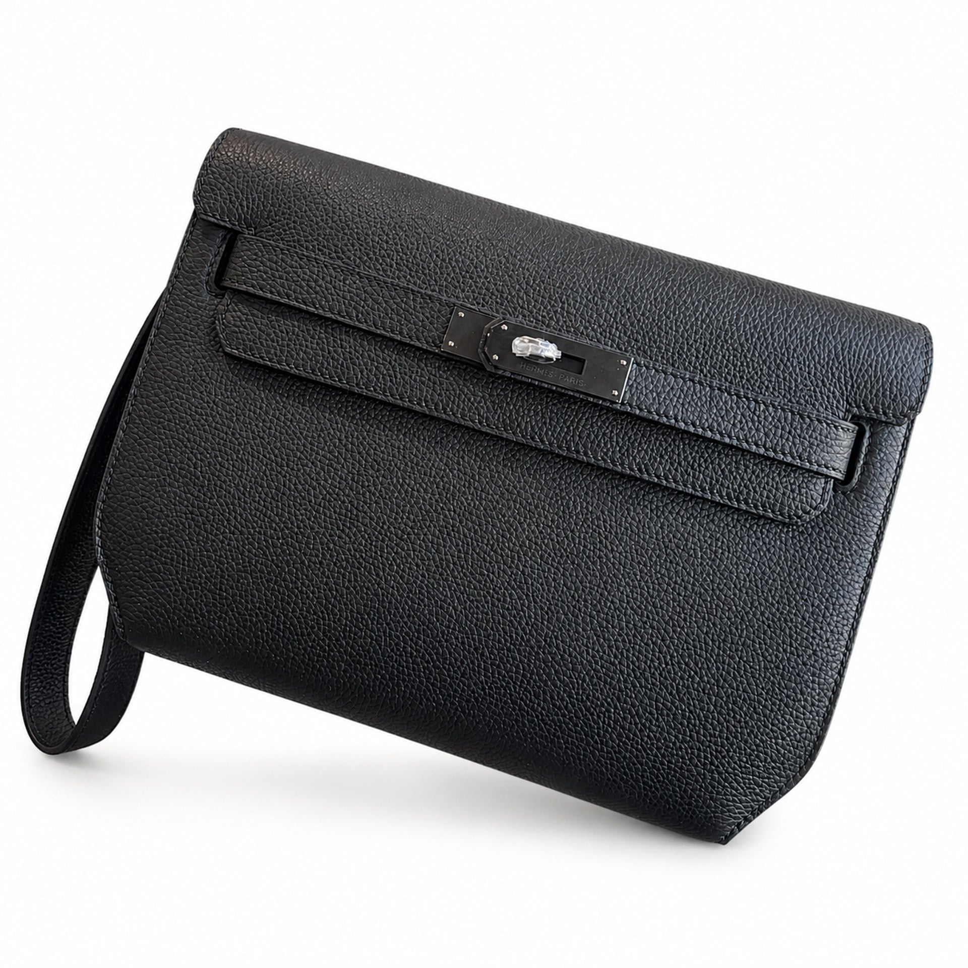 Hermès Kelly Dépêches 25 Noir Togo Calf Leather Palladium Tourniquet Clutch with Wrist Strap & Detachable Crossbody Strap