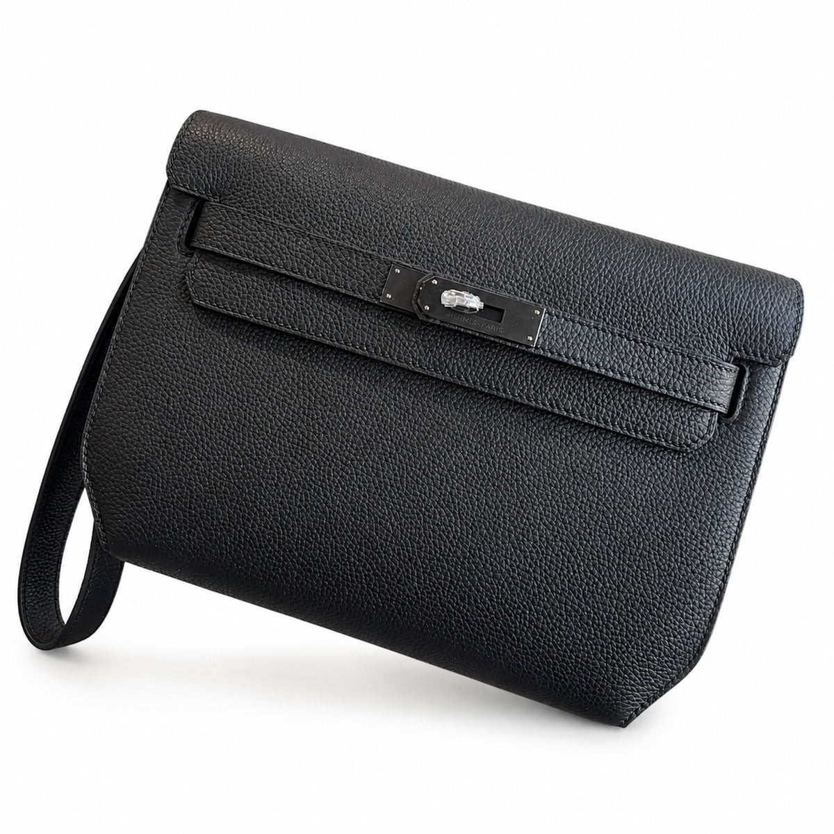 Hermès Kelly Dépêches 25 Noir Togo Calf Leather Palladium Tourniquet Clutch with Wrist Strap & Detachable Crossbody Strap
