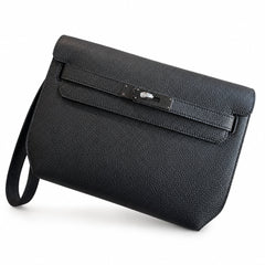 Hermès Kelly Dépêches 25 Noir Togo Calf Leather Palladium Tourniquet Clutch with Wrist Strap & Detachable Crossbody Strap