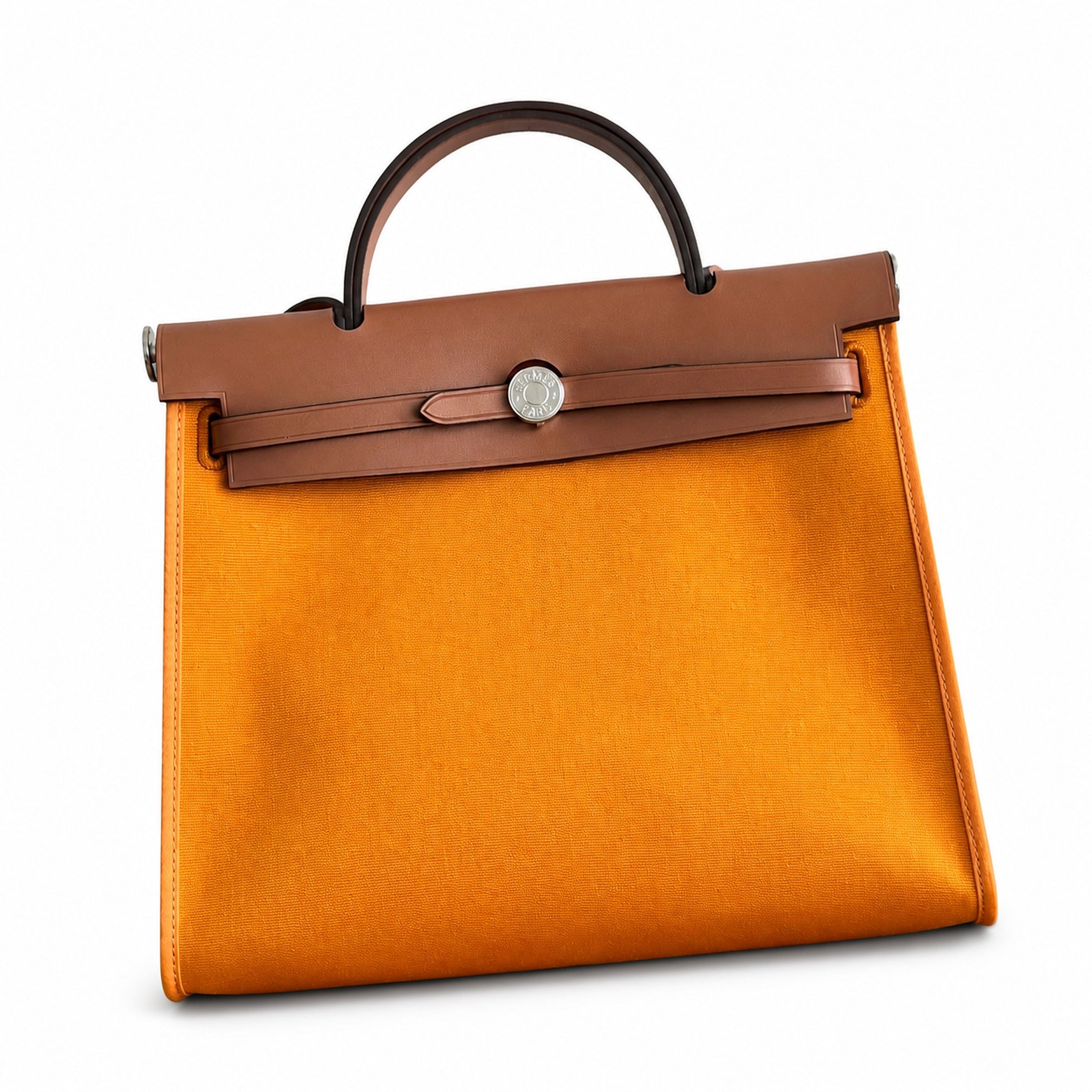 Hermès Herbag Zip 31 Orange Canvas & Caramel Calf Leather Palladium Hardware