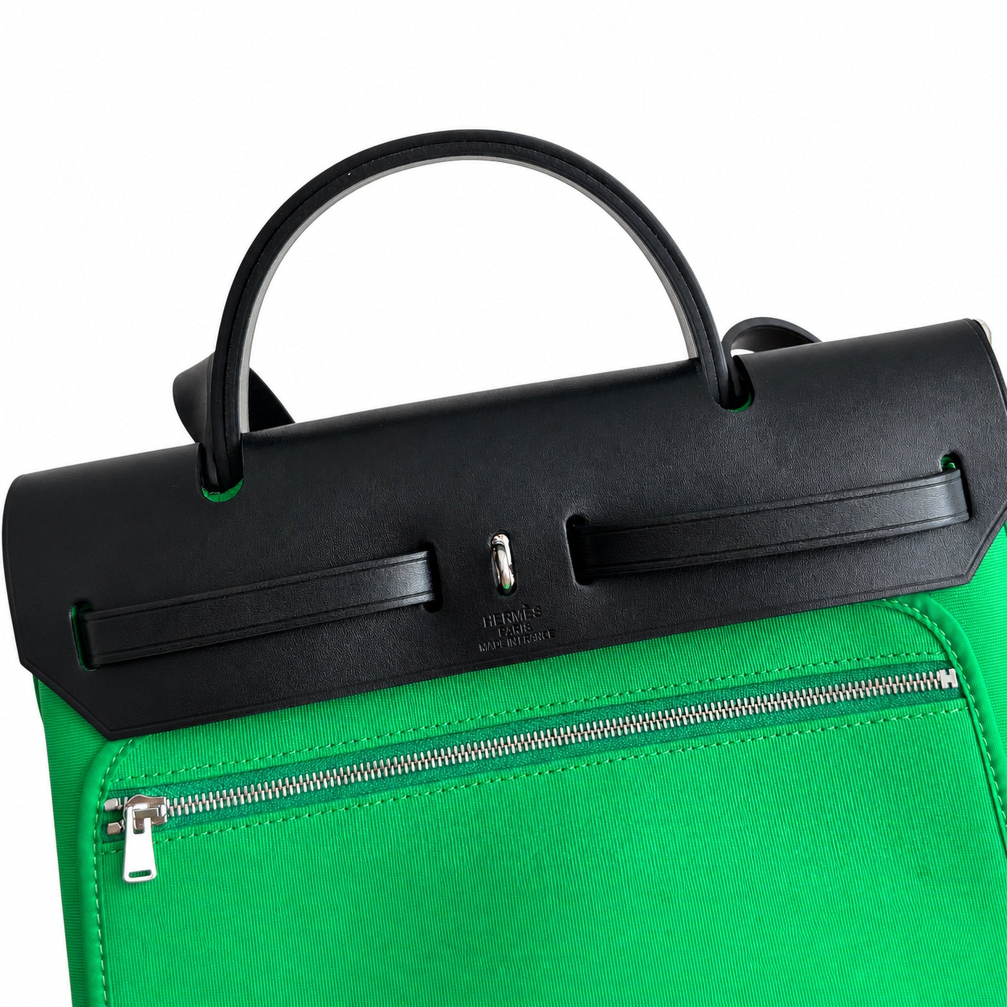 Hermès Herbag Zip 31 Green Canvas & Black Calf Leather Palladium Hardware Handbag