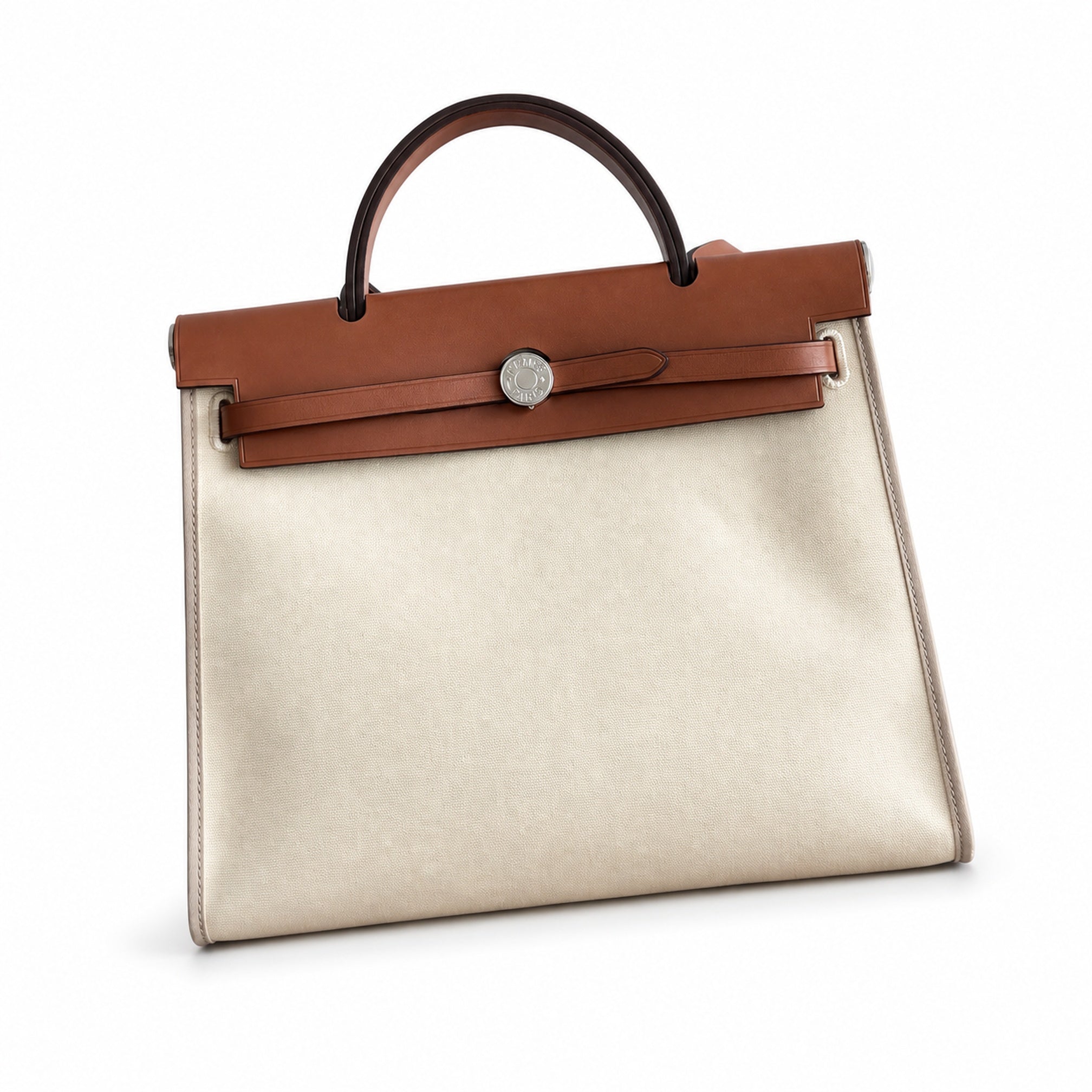 Hermès Herbag 31 Cream Canvas & Caramel Calf Leather Palladium Hardware