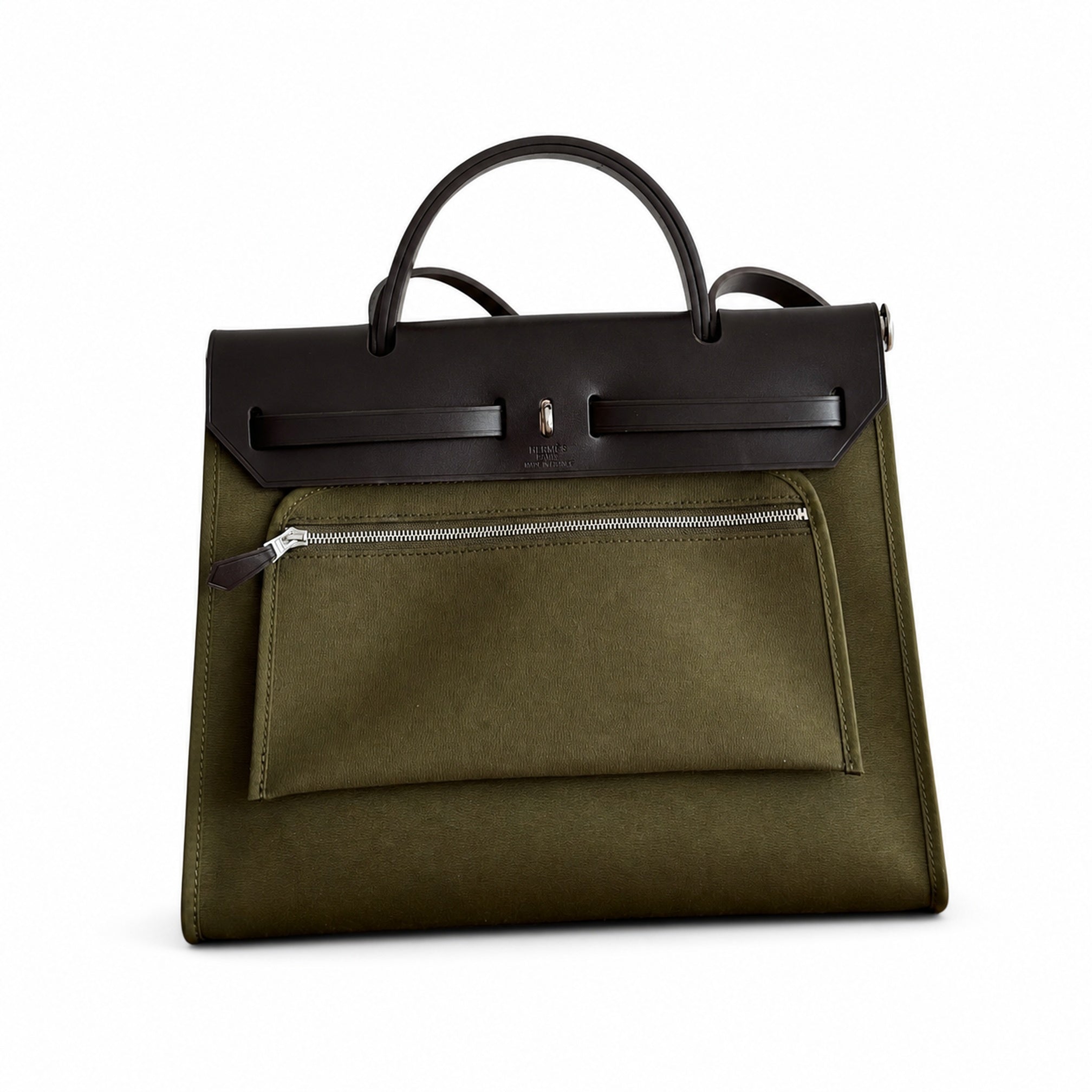 Hermès Herbag Zip 31 Berline Lichen & Ecru-Beige Toile H / Noir Vache Calf Leather Palladium Hardware