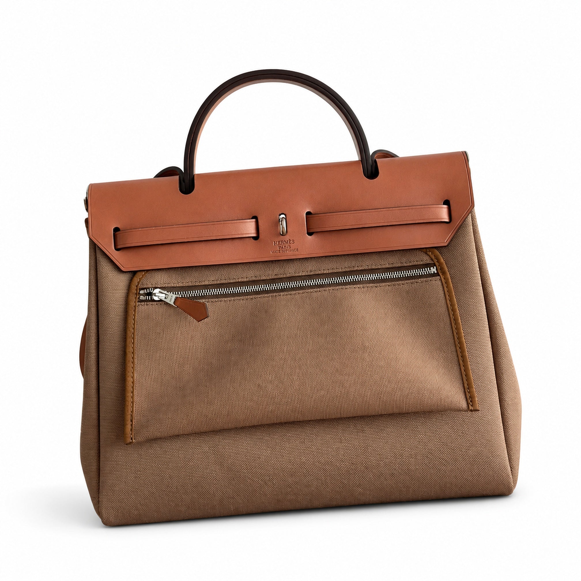 Hermès Herbag Zip 31 Brun Plain Toile H / Fauve Vache Hunter Leather Palladium Hardware